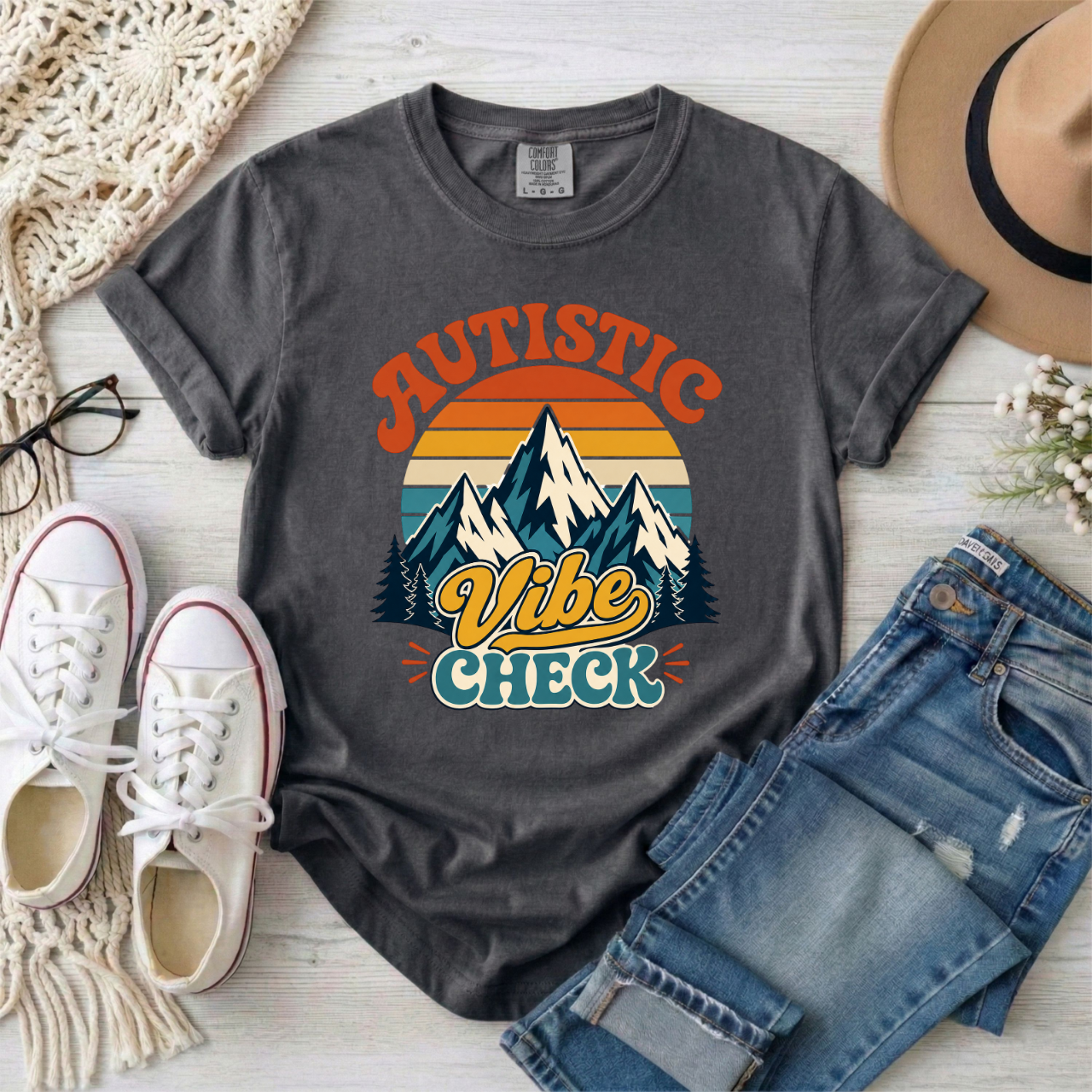 "Autistic Vibe Check" Retro Mountain Graphic Tee Shirt