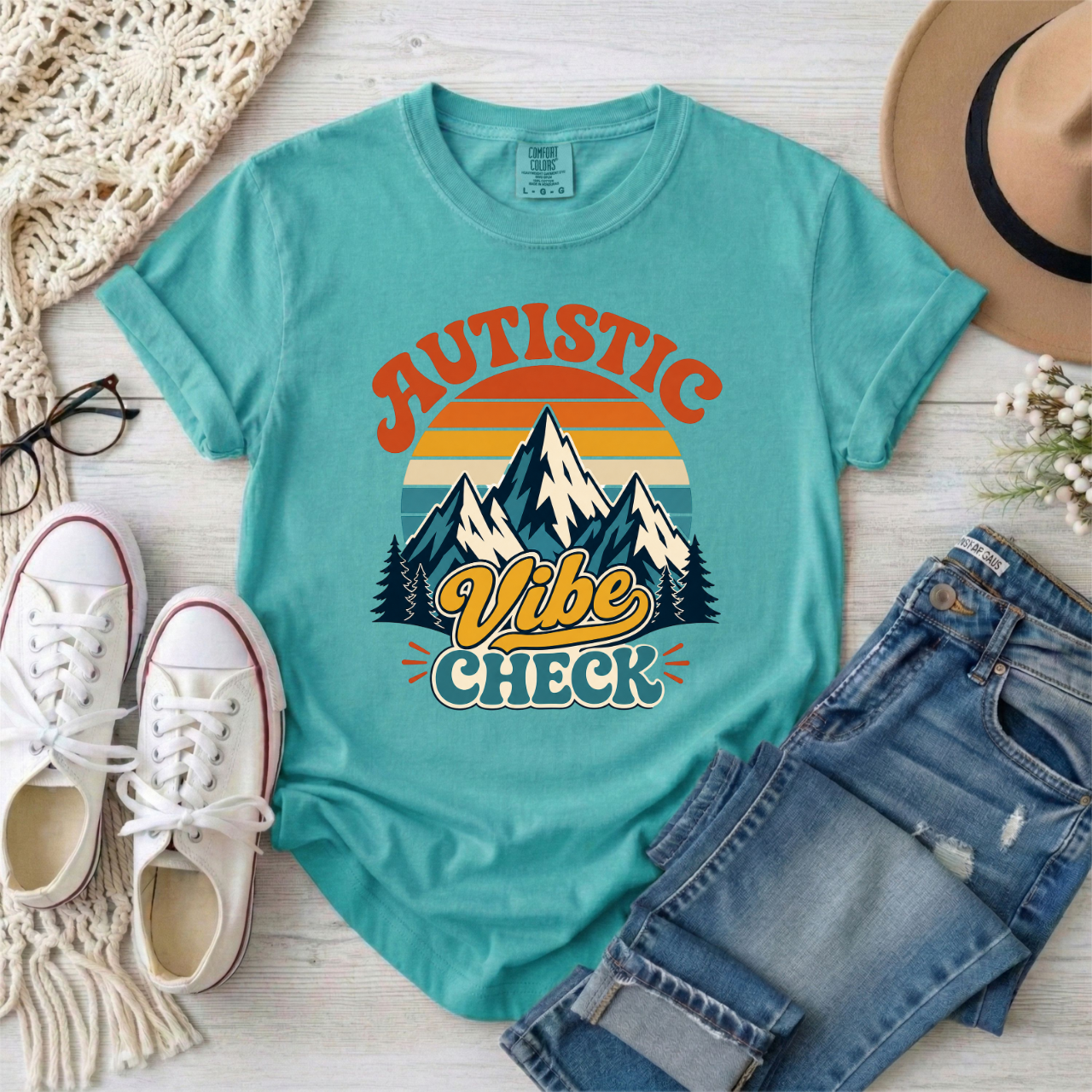 "Autistic Vibe Check" Retro Mountain Graphic Tee Shirt