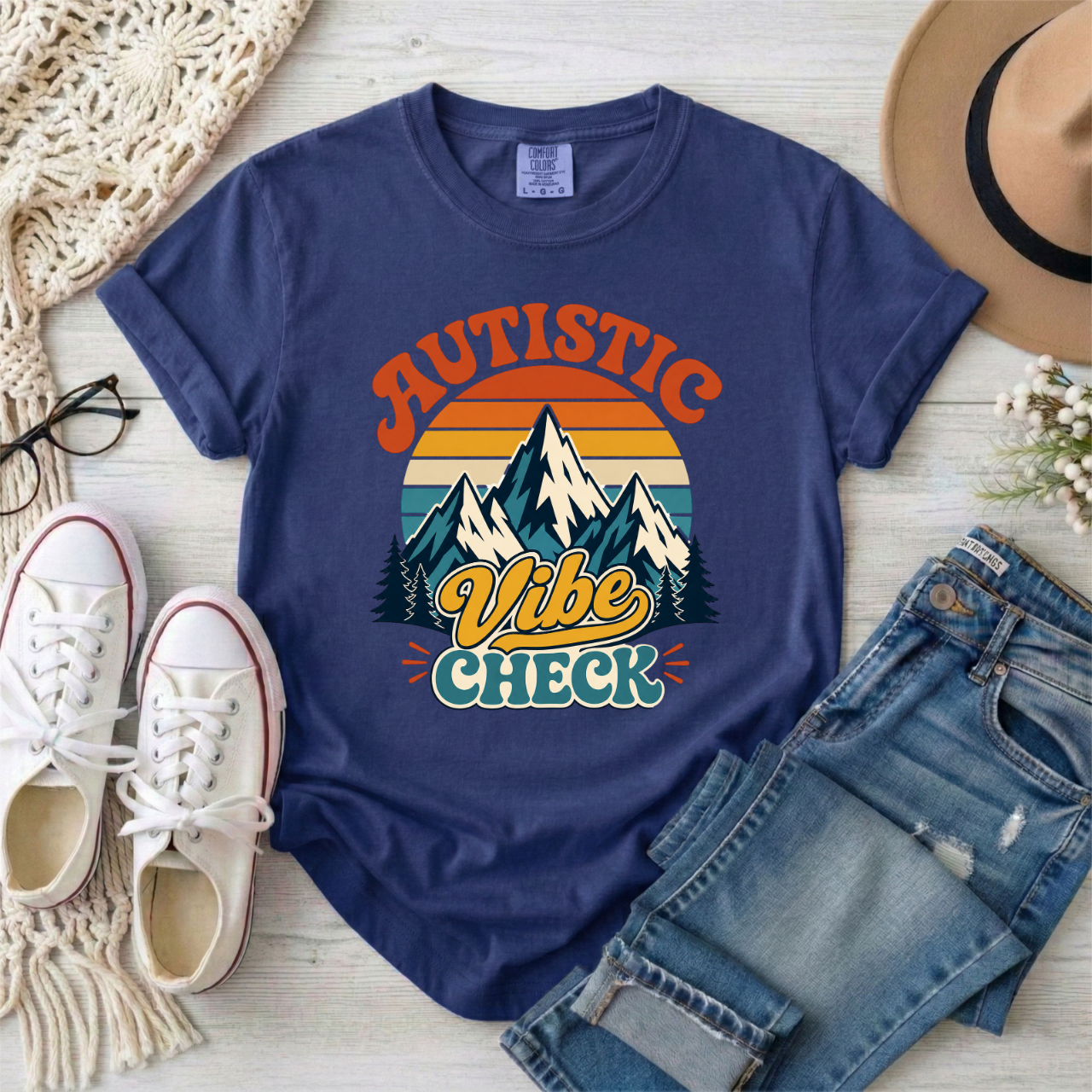 "Autistic Vibe Check" Retro Mountain Graphic Tee Shirt