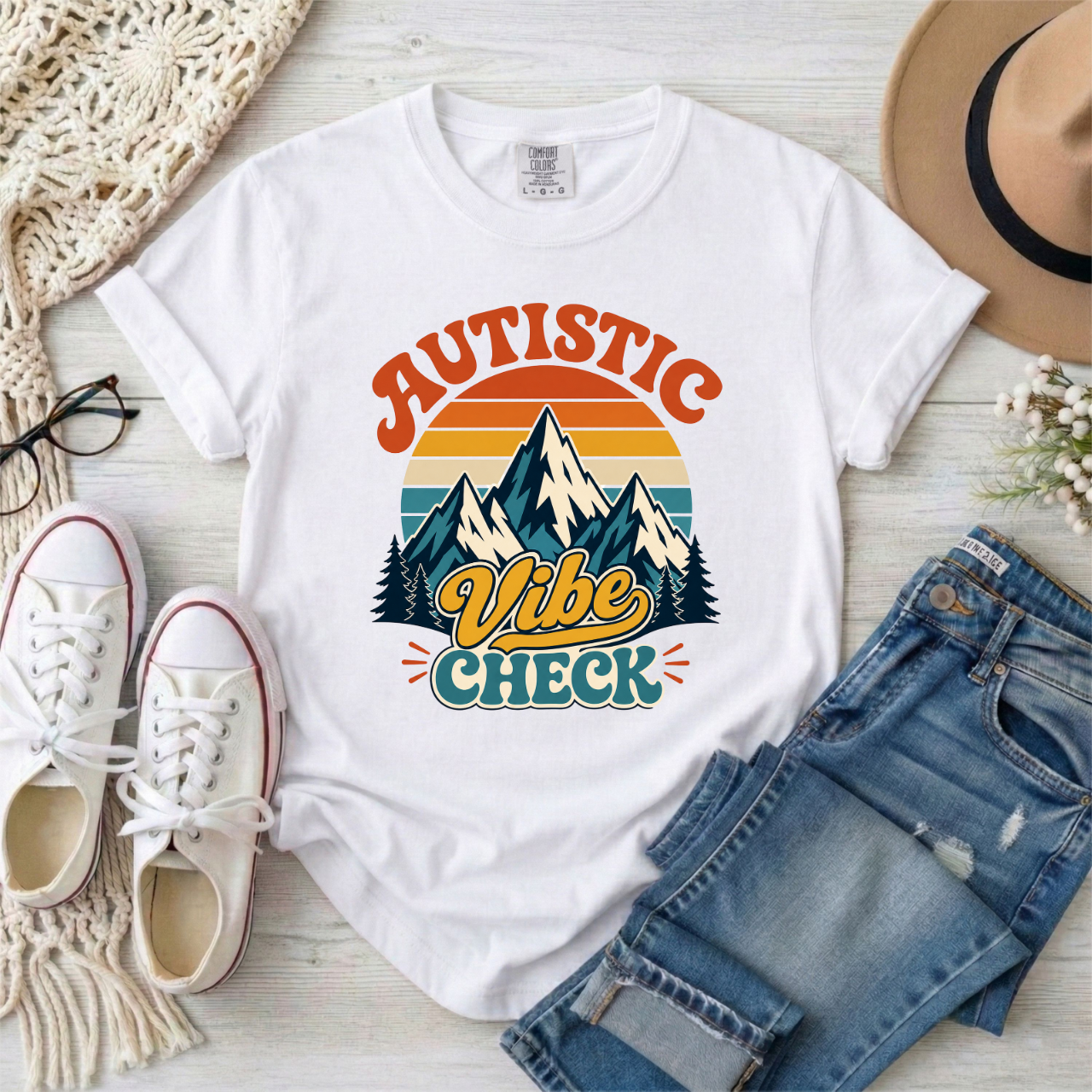 "Autistic Vibe Check" Retro Mountain Graphic Tee Shirt