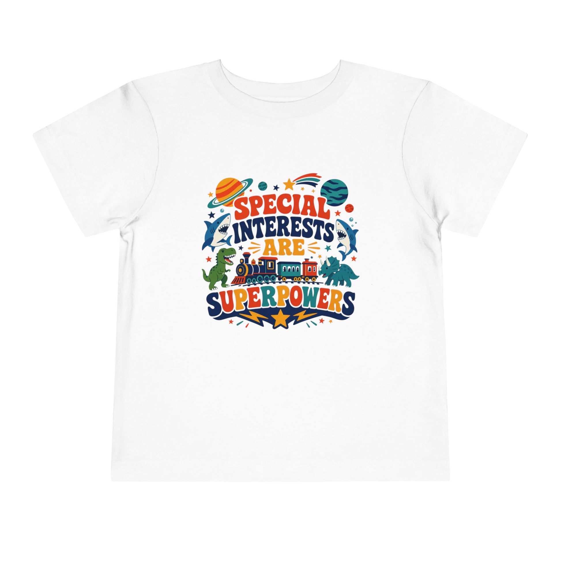 Toddler Tee — “Special Interests Are Superpowers” Colorful Space &amp; Dino Graphic image 0