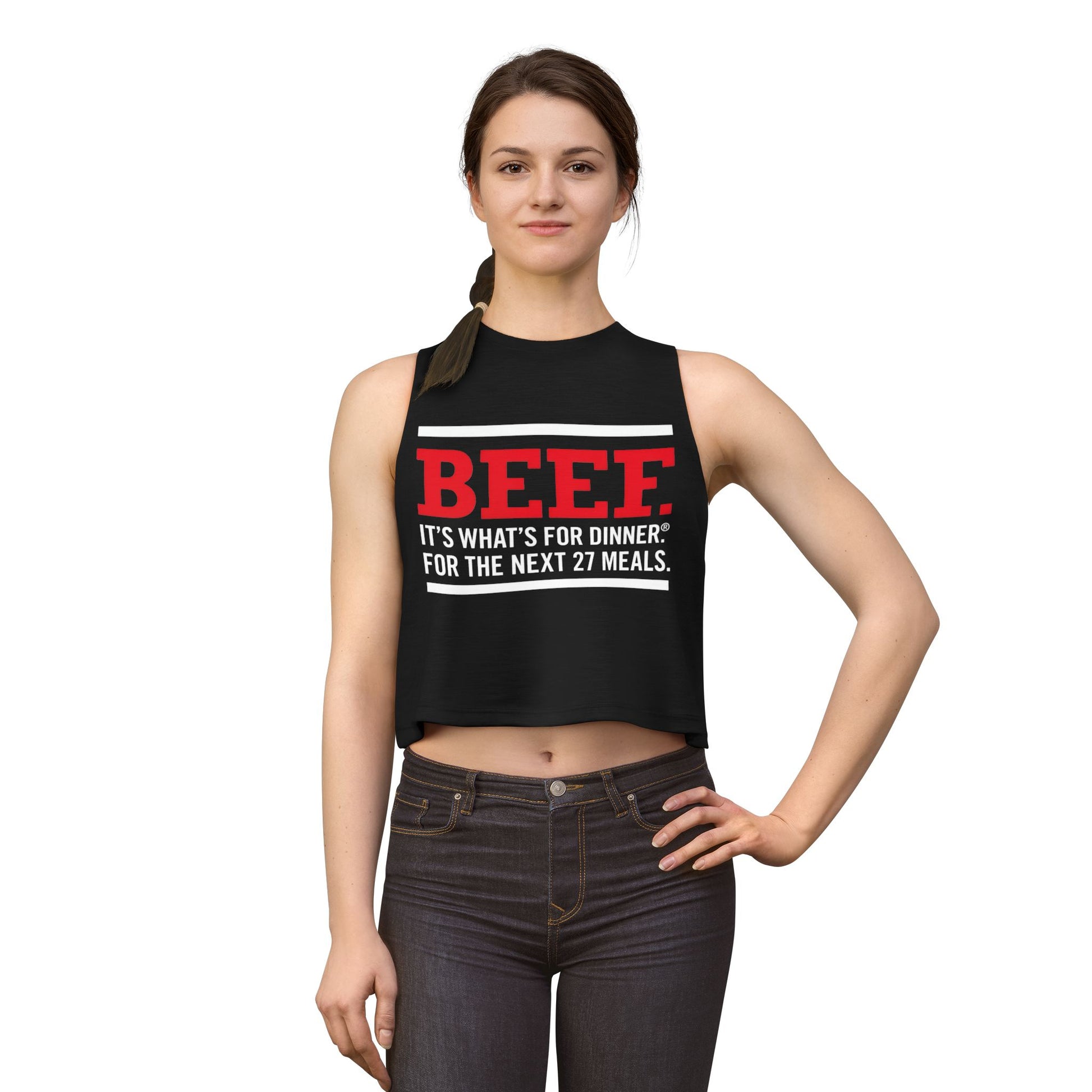 Crop Top — "BEEF: It's What's For Dinner. For The Next 27 Meals." — Funny Autism Routine Tank image 2