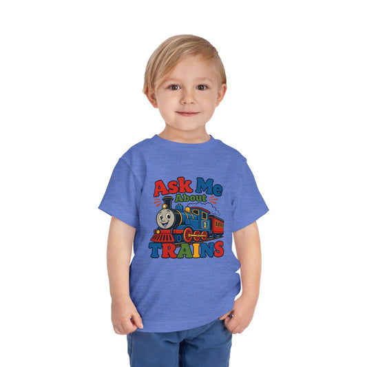Toddler Tee — "Ask Me About Trains" Cute Kids Train Graphic Shirt image 1