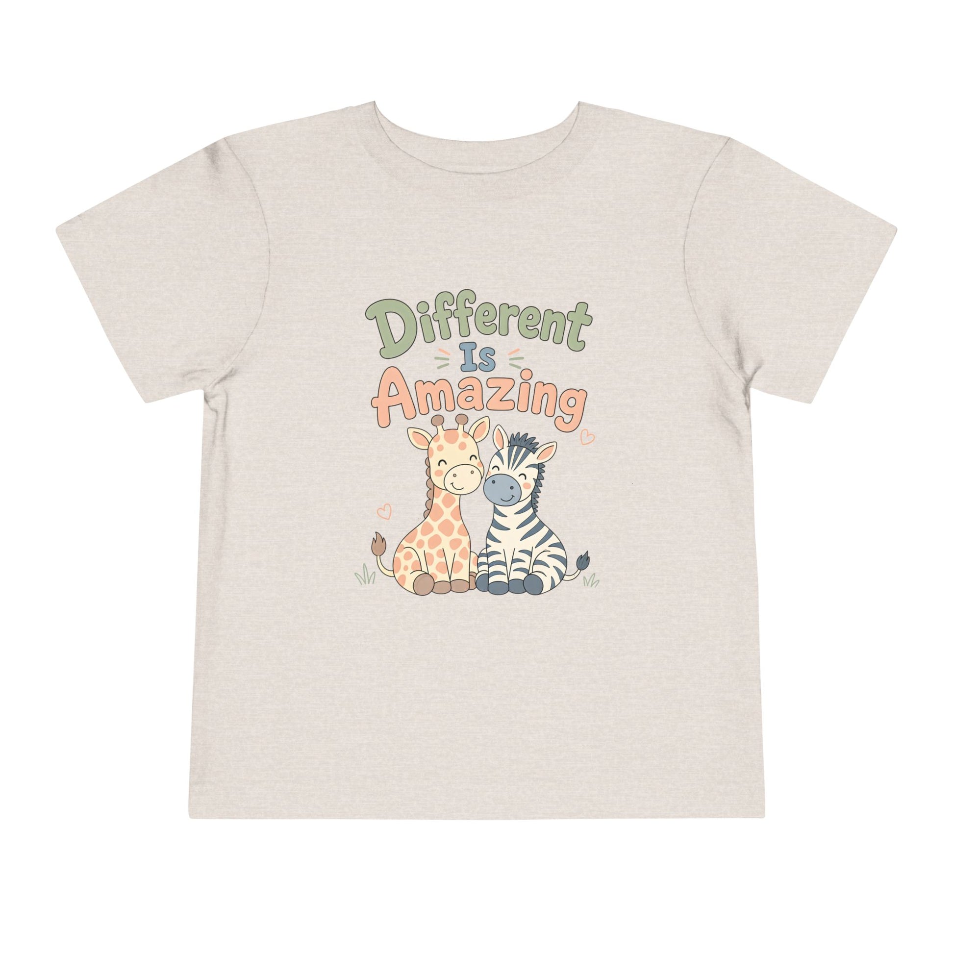Toddler Tee — "Different Is Amazing" Giraffe &amp; Zebra Diversity Kids Shirt - Heather Dust, 4T image