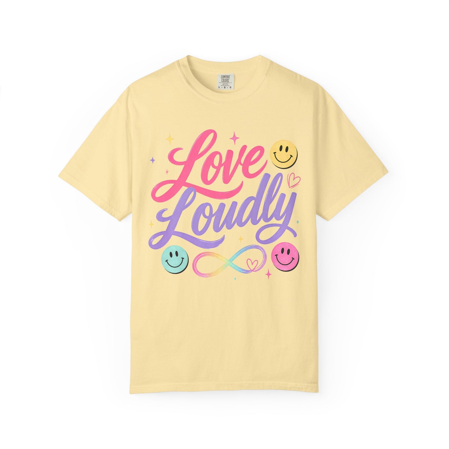 Love Loudly Graphic T‑Shirt — Rainbow Smiley Retro Script Tee image