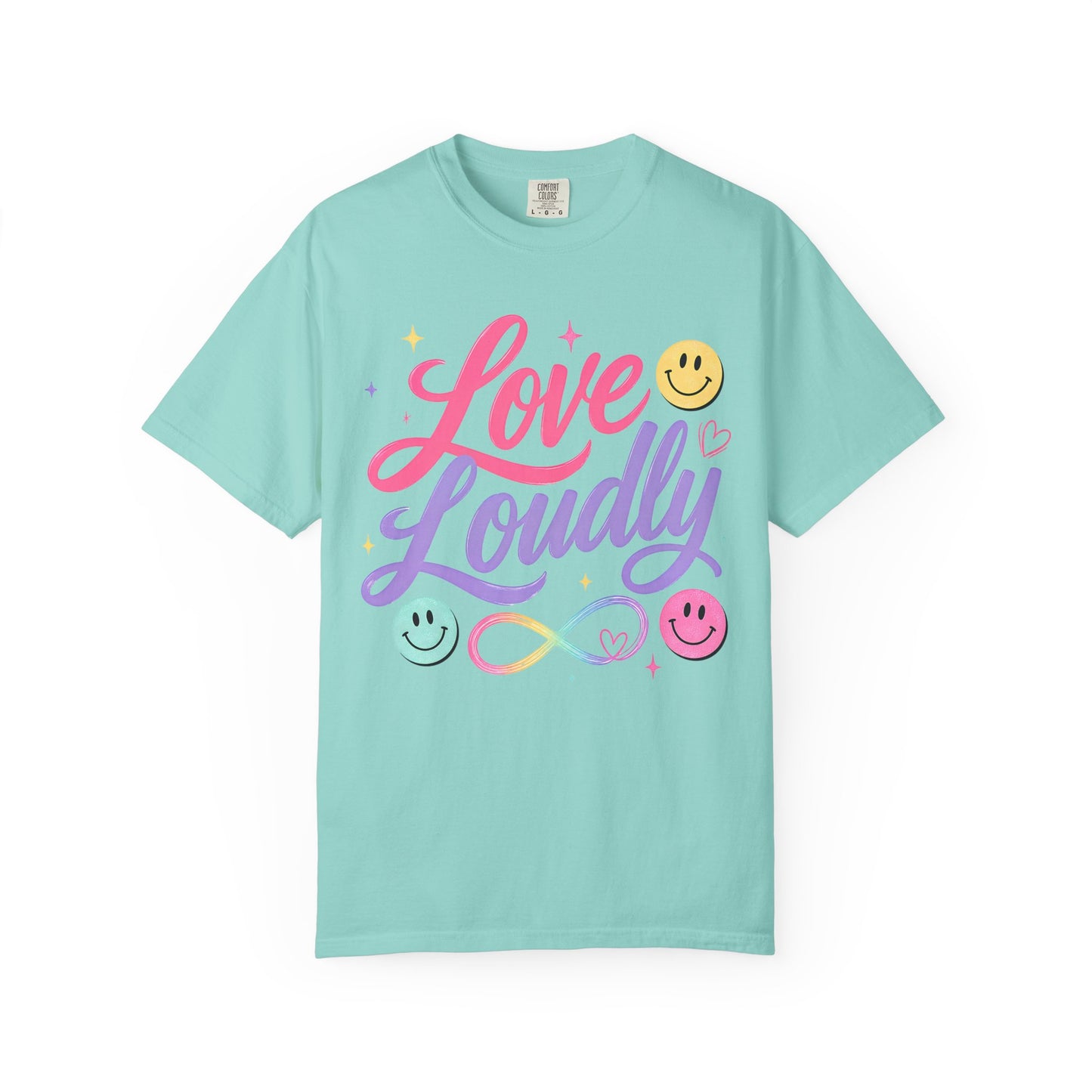 Love Loudly Graphic T‑Shirt — Rainbow Smiley Retro Script Tee image