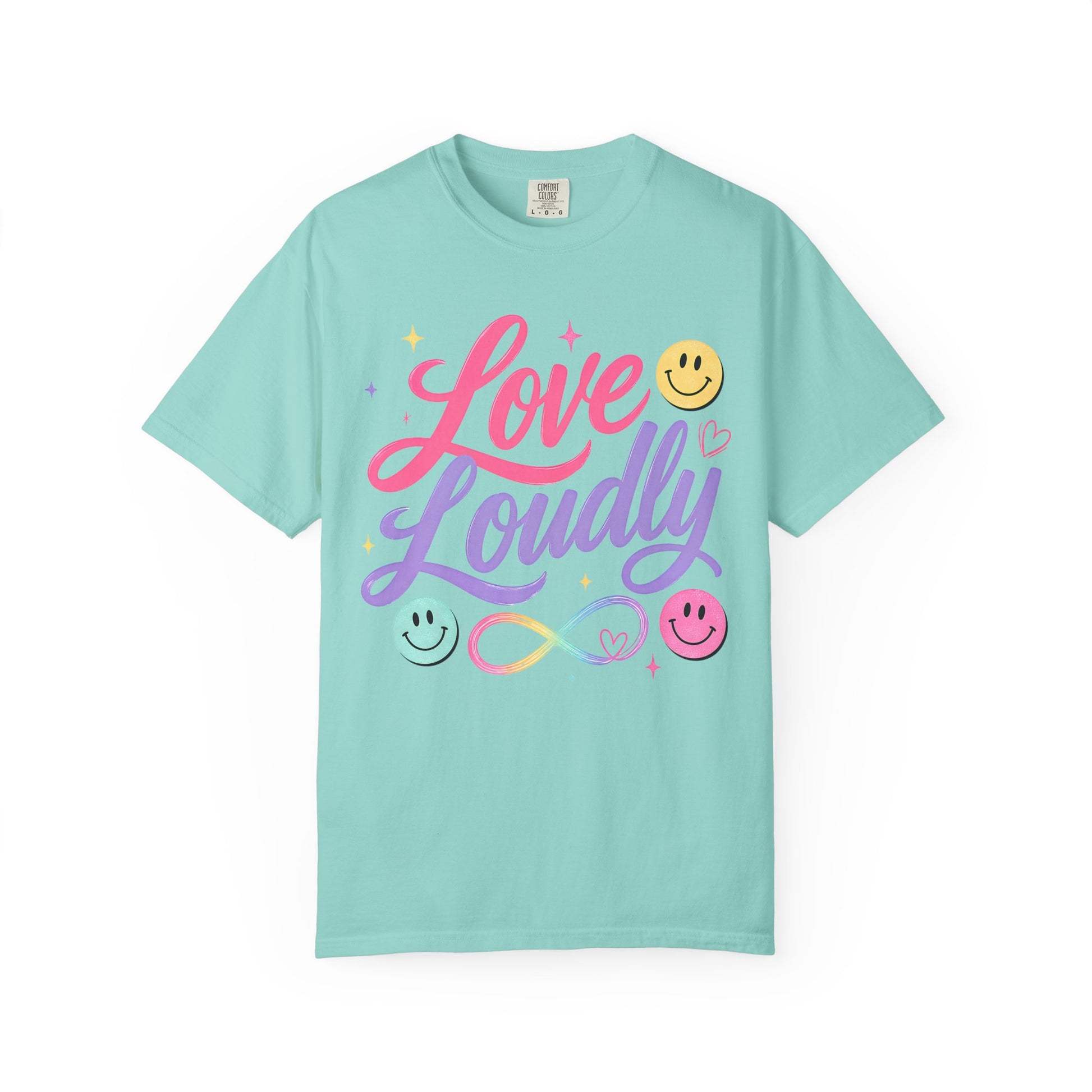 Love Loudly Graphic T‑Shirt — Rainbow Smiley Retro Script Tee image