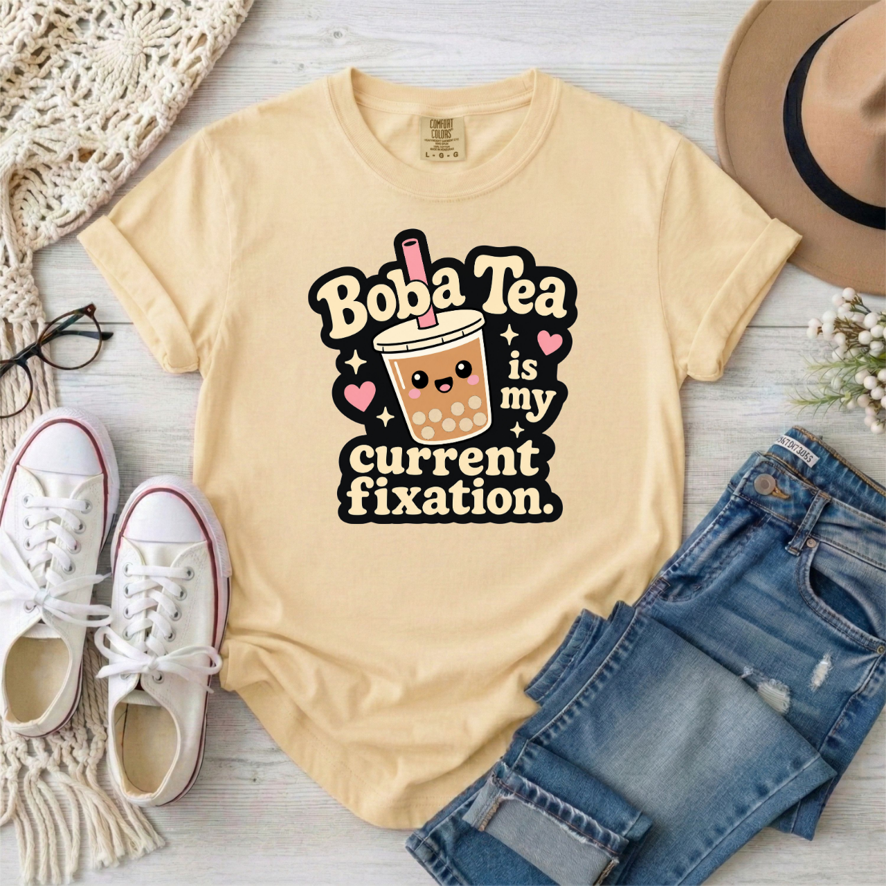 "Boba Tea is My Current Fixation" Neurodivergent Cute Kawaii Bubble Tea Tee