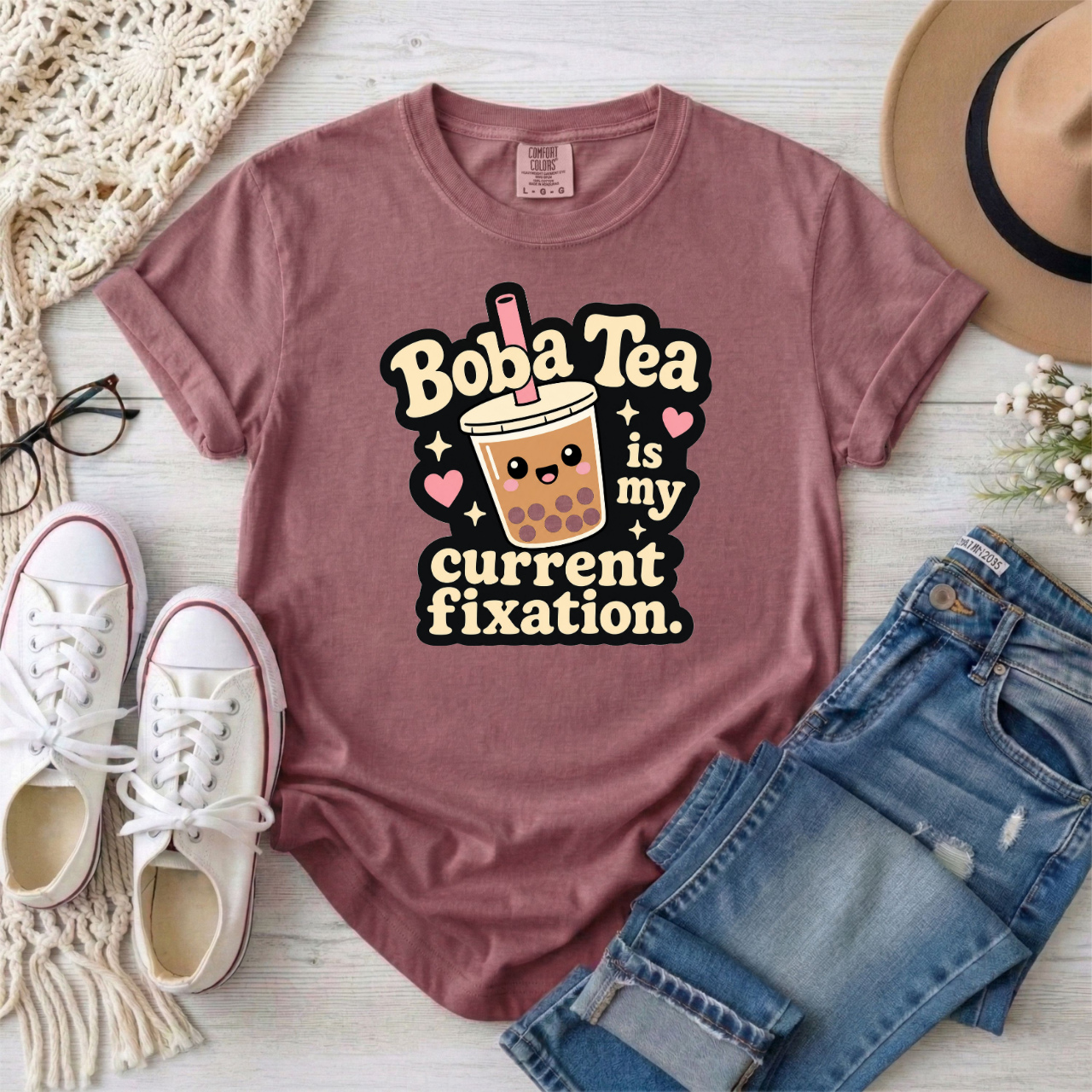 "Boba Tea is My Current Fixation" Neurodivergent Cute Kawaii Bubble Tea Tee