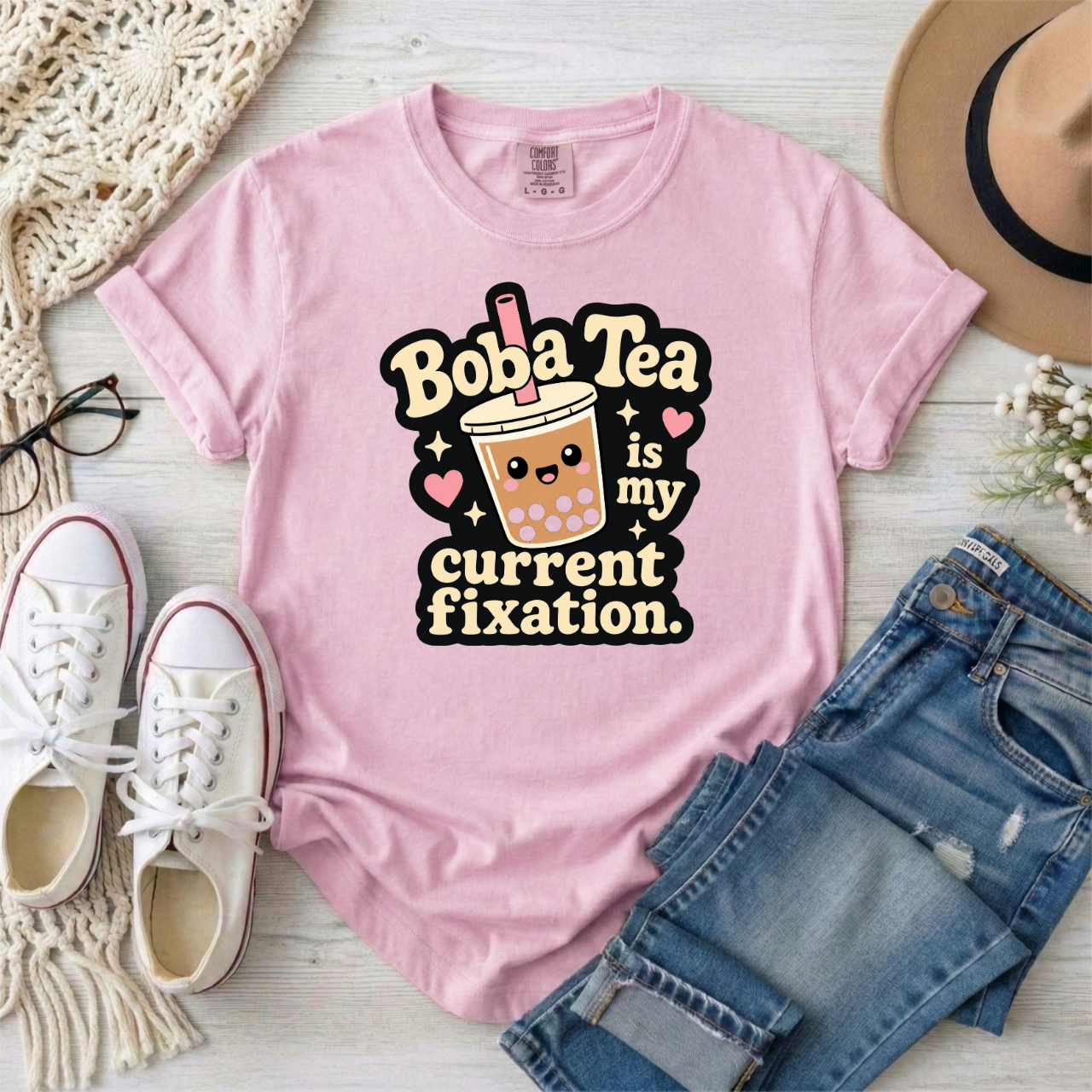 "Boba Tea is My Current Fixation" Neurodivergent Cute Kawaii Bubble Tea Tee