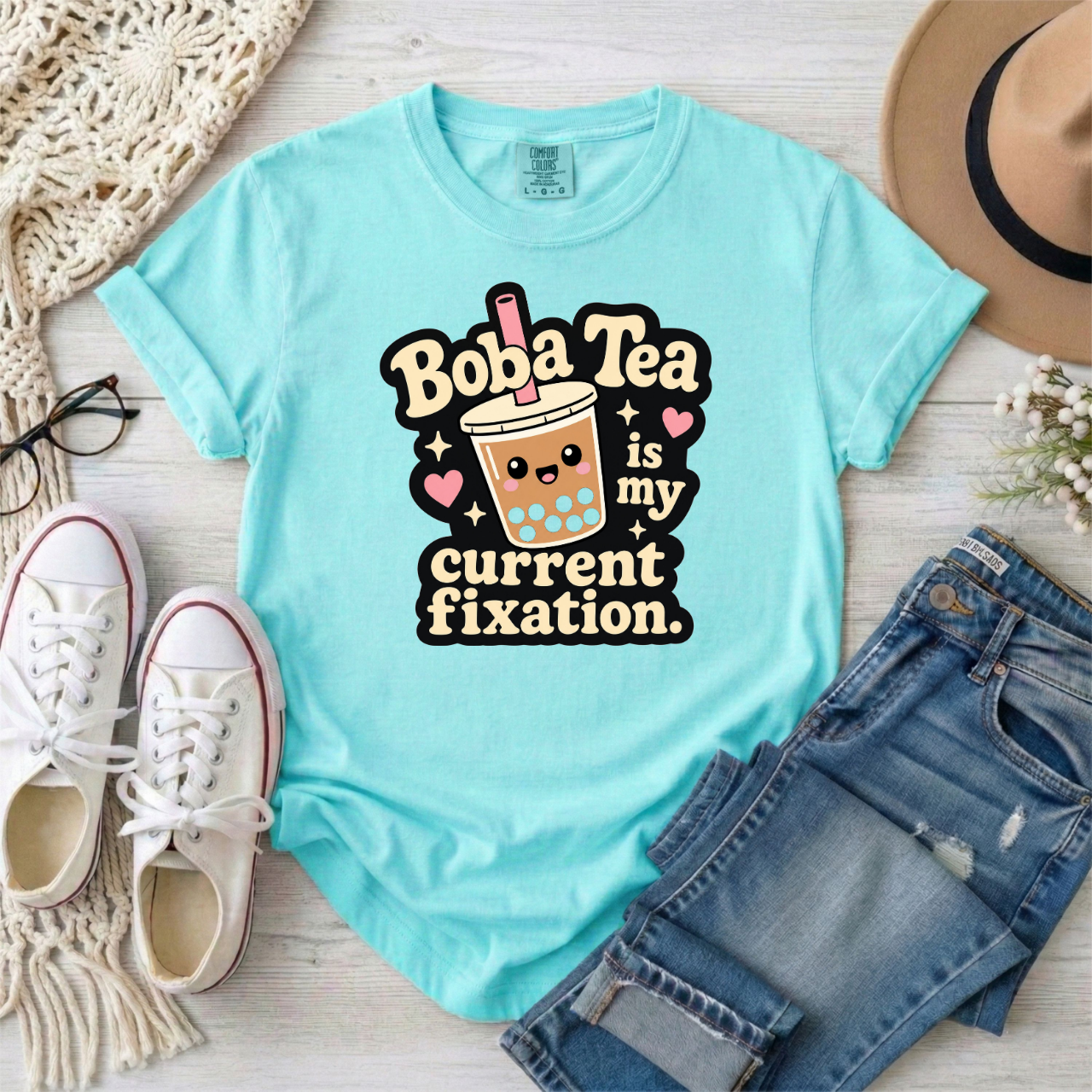 "Boba Tea is My Current Fixation" Neurodivergent Cute Kawaii Bubble Tea Tee