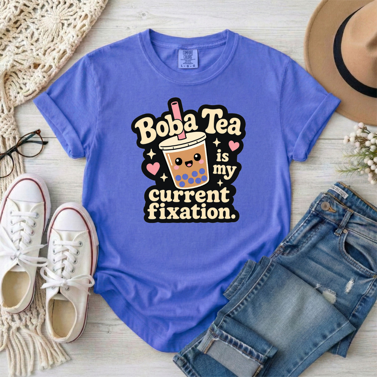 "Boba Tea is My Current Fixation" Neurodivergent Cute Kawaii Bubble Tea Tee