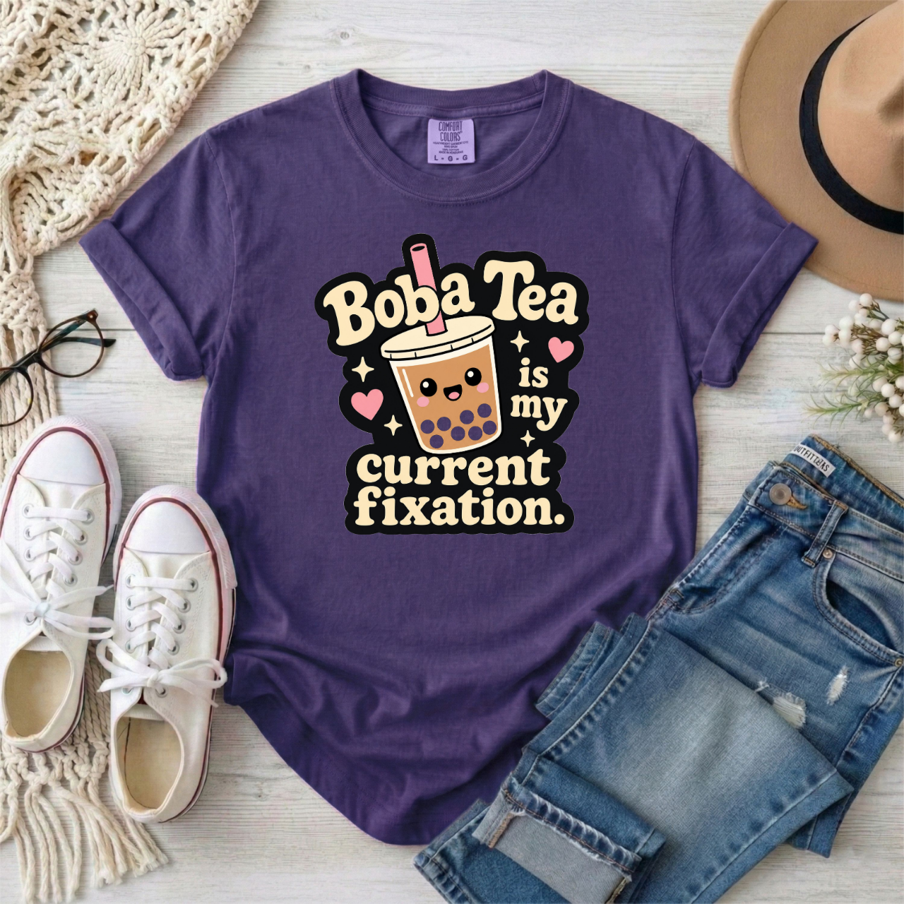 "Boba Tea is My Current Fixation" Neurodivergent Cute Kawaii Bubble Tea Tee