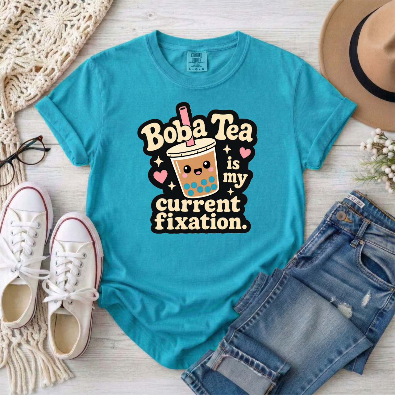 "Boba Tea is My Current Fixation" Neurodivergent Cute Kawaii Bubble Tea Tee