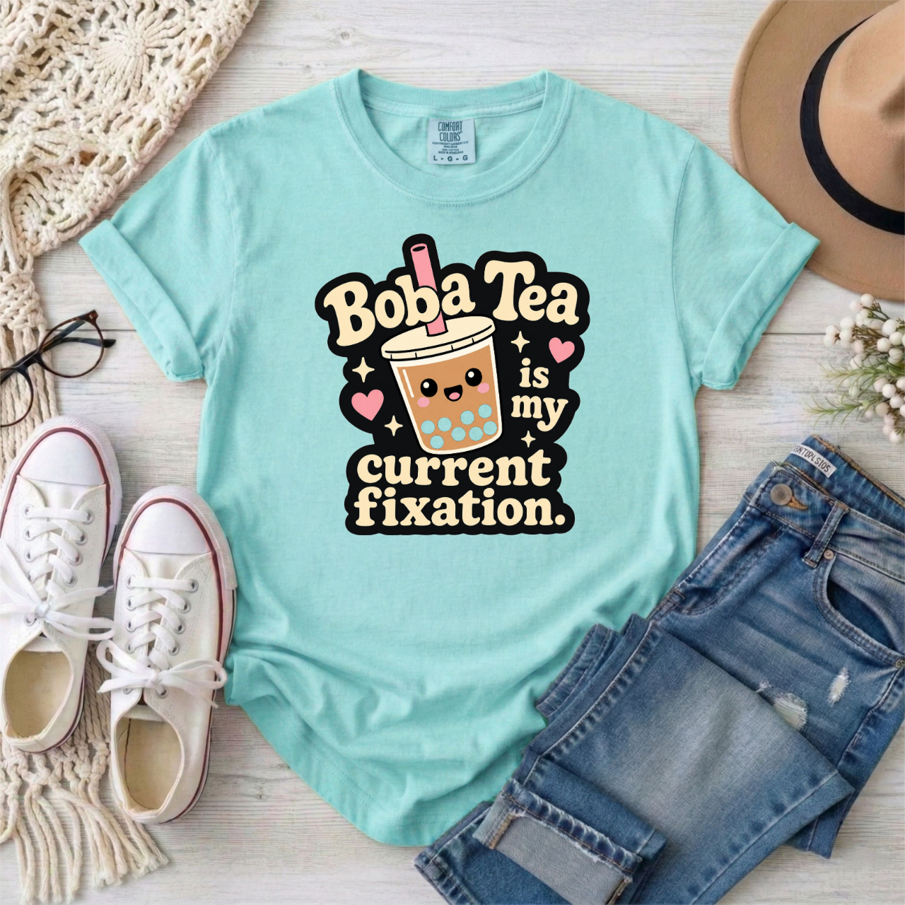 "Boba Tea is My Current Fixation" Neurodivergent Cute Kawaii Bubble Tea Tee