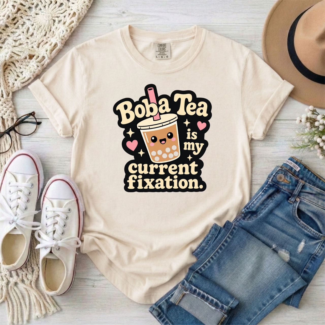 "Boba Tea is My Current Fixation" Neurodivergent Cute Kawaii Bubble Tea Tee