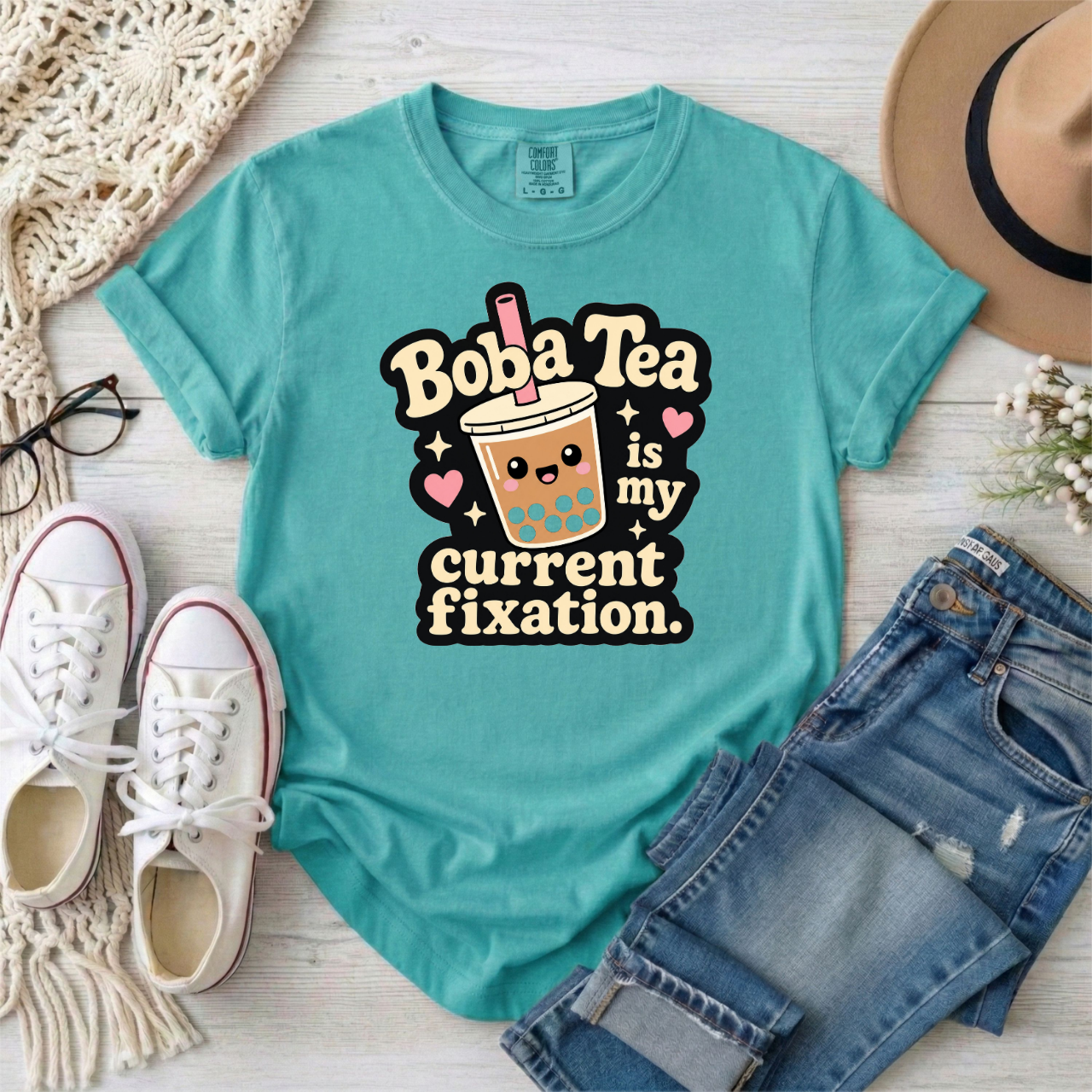 "Boba Tea is My Current Fixation" Neurodivergent Cute Kawaii Bubble Tea Tee