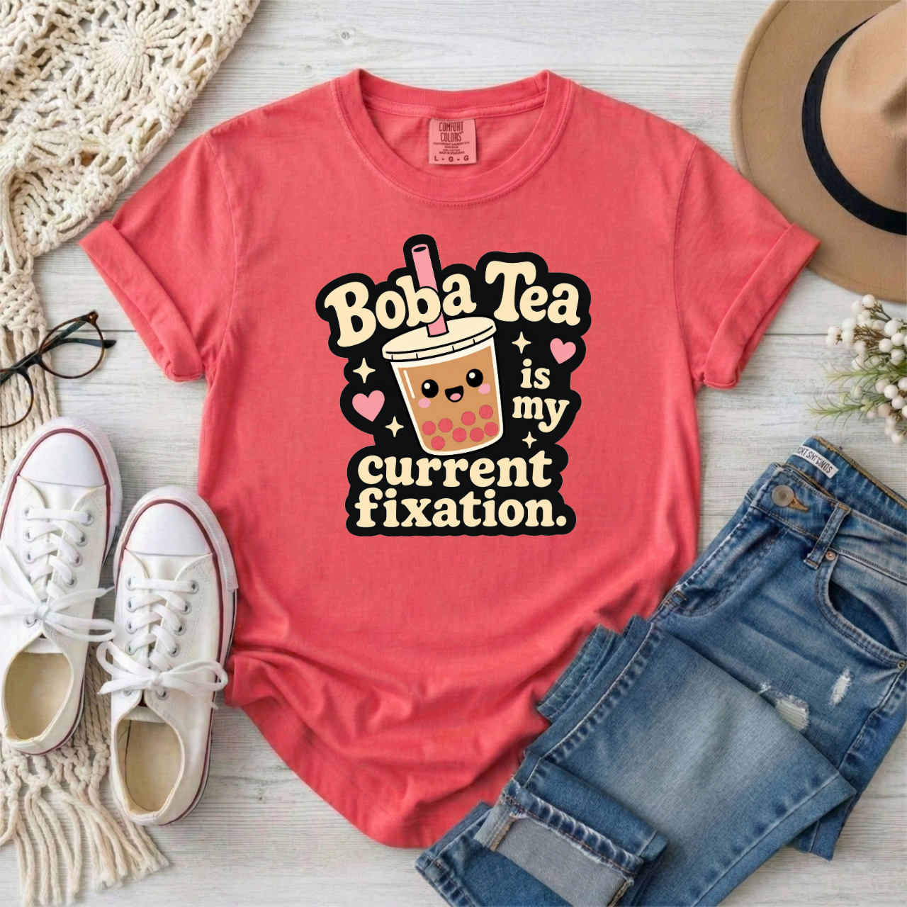 "Boba Tea is My Current Fixation" Neurodivergent Cute Kawaii Bubble Tea Tee