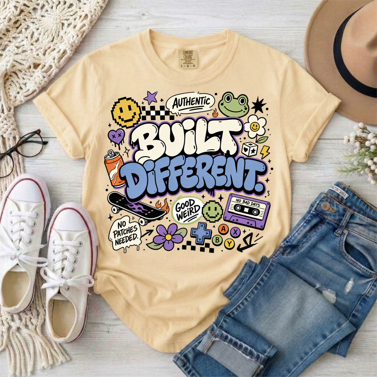 Built Different Graphic T-Shirt — Retro Sticker-Style Positive Tee