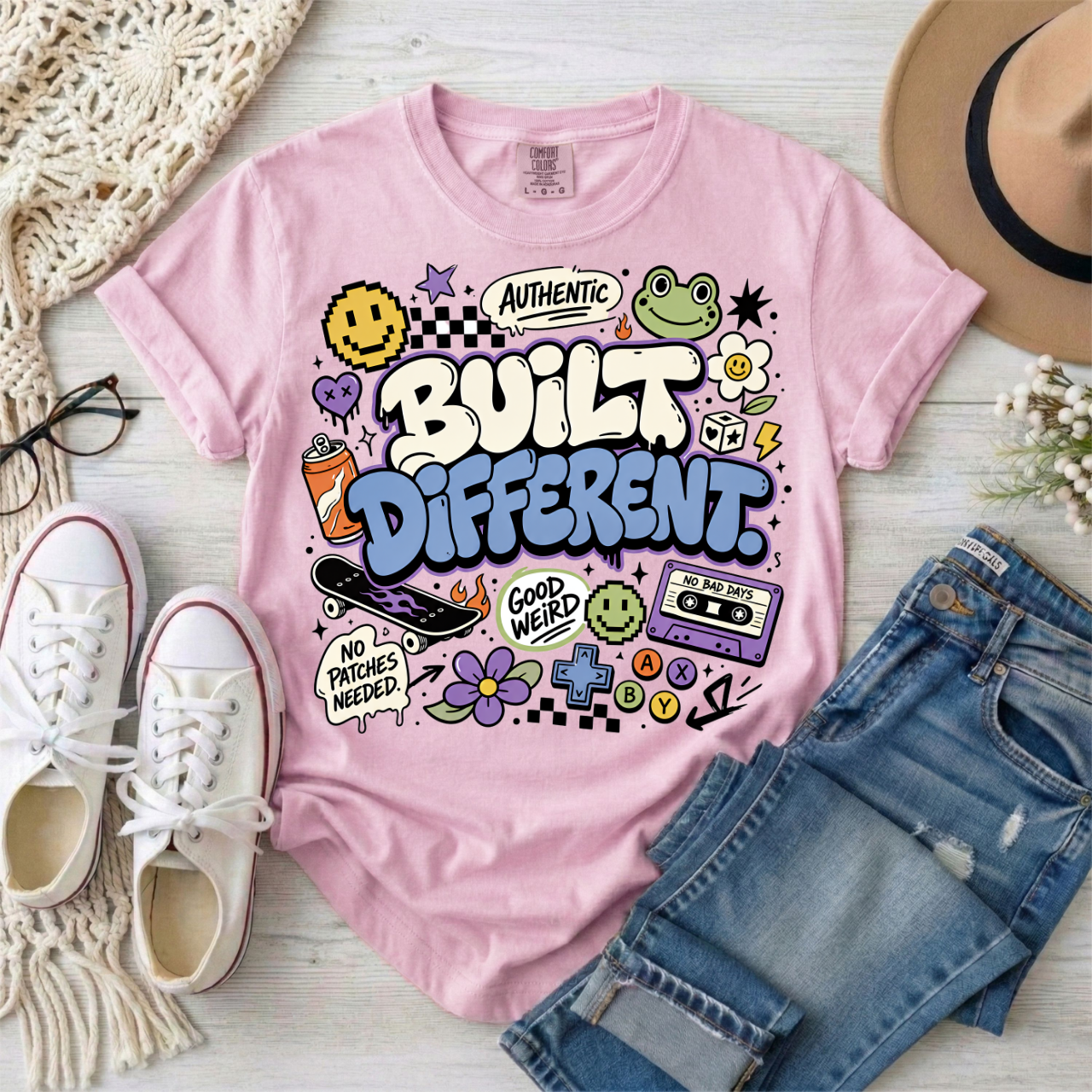 Built Different Graphic T-Shirt — Retro Sticker-Style Positive Tee