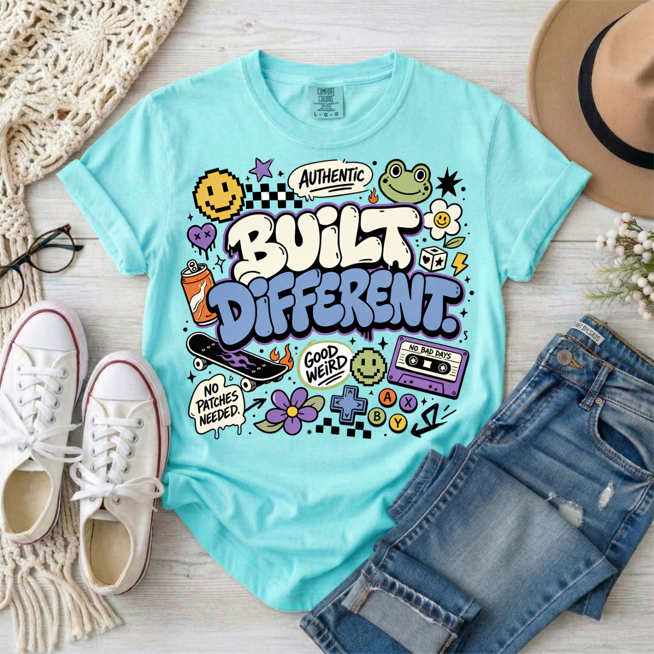 Built Different Graphic T-Shirt — Retro Sticker-Style Positive Tee