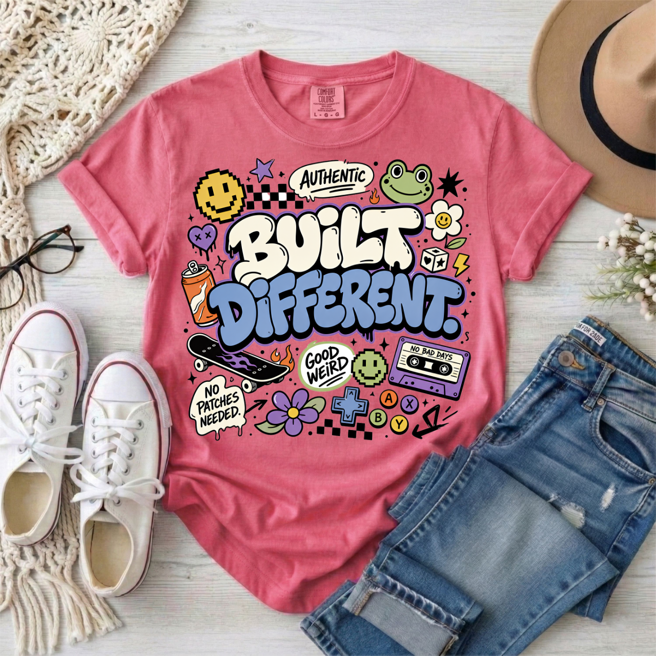 Built Different Graphic T-Shirt — Retro Sticker-Style Positive Tee