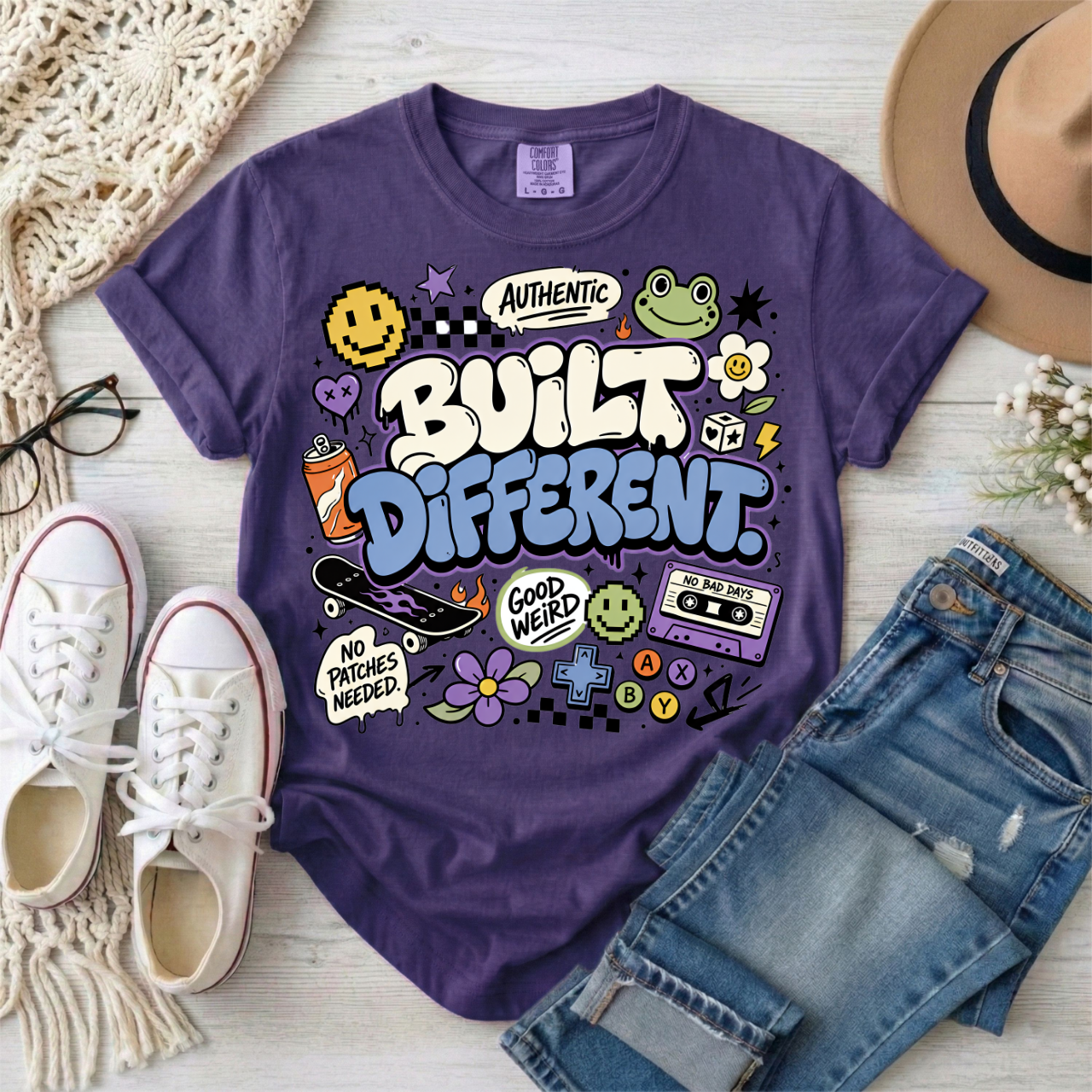 Built Different Graphic T-Shirt — Retro Sticker-Style Positive Tee