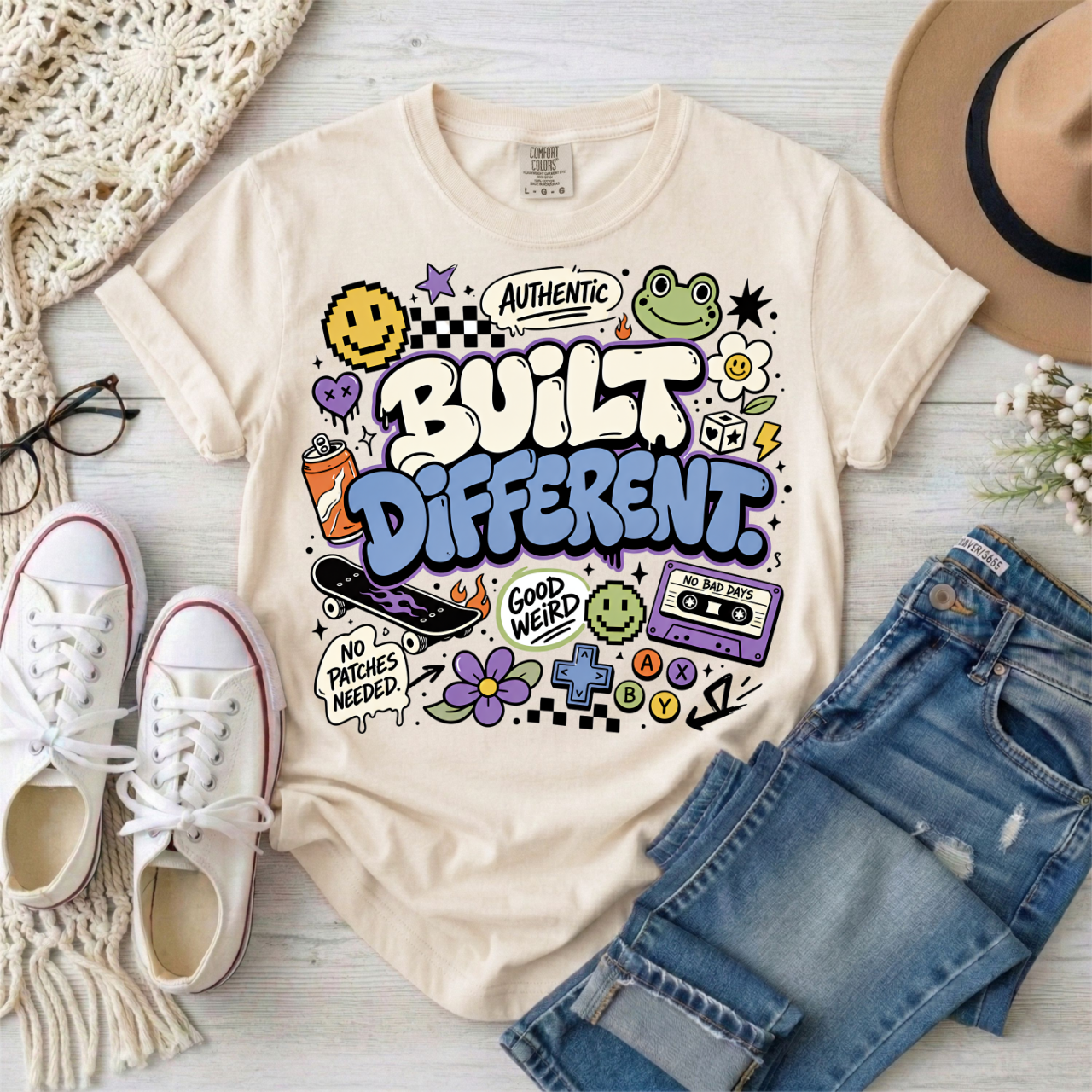Built Different Graphic T-Shirt — Retro Sticker-Style Positive Tee