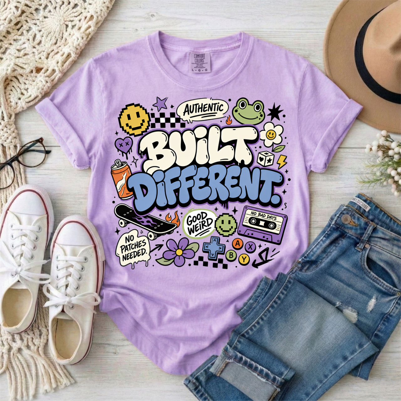 Built Different Graphic T-Shirt — Retro Sticker-Style Positive Tee