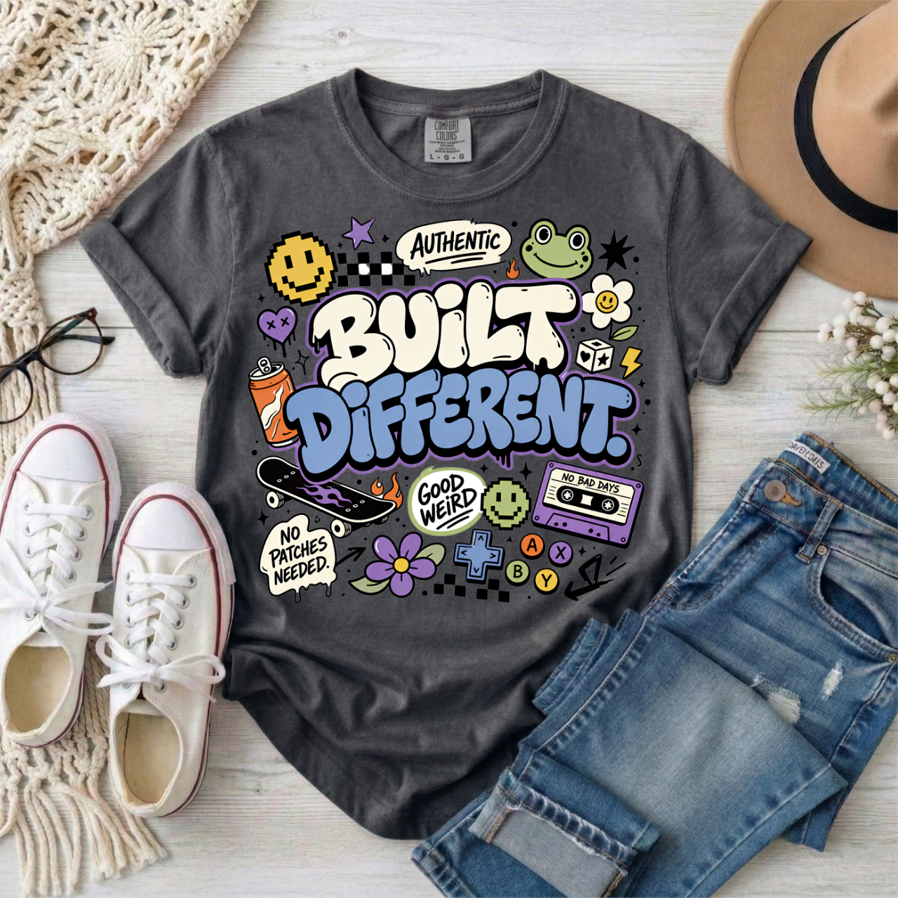 Built Different Graphic T-Shirt — Retro Sticker-Style Positive Tee