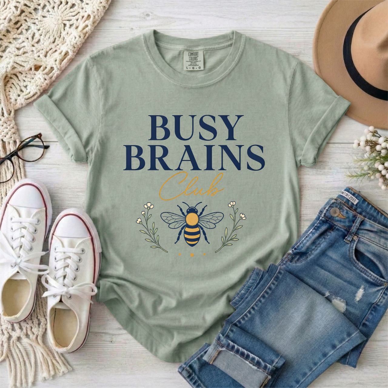 Busy Brains Club T-Shirt — AuDHD Busy Bee Graphic Cotton Tee