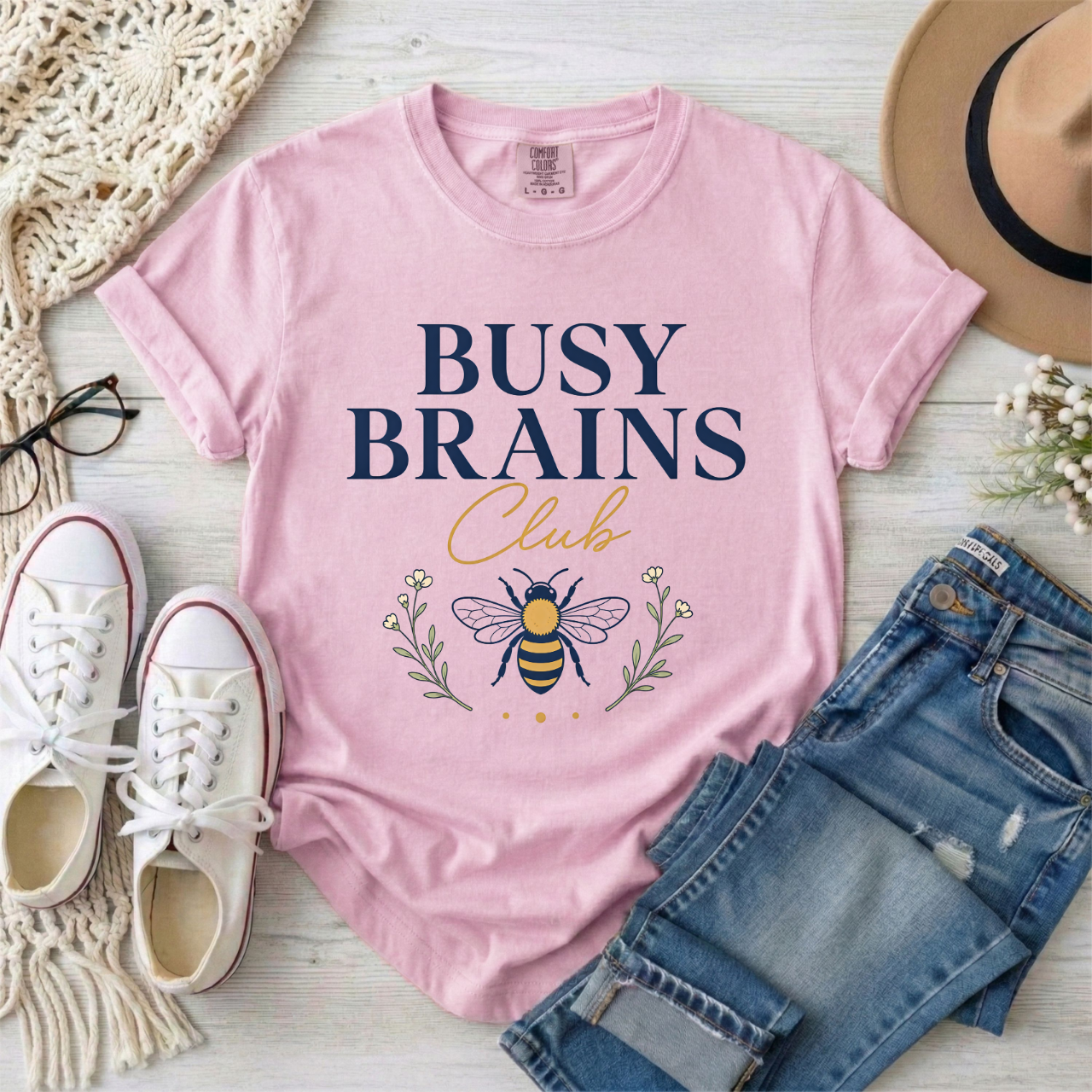 Busy Brains Club T-Shirt — AuDHD Busy Bee Graphic Cotton Tee
