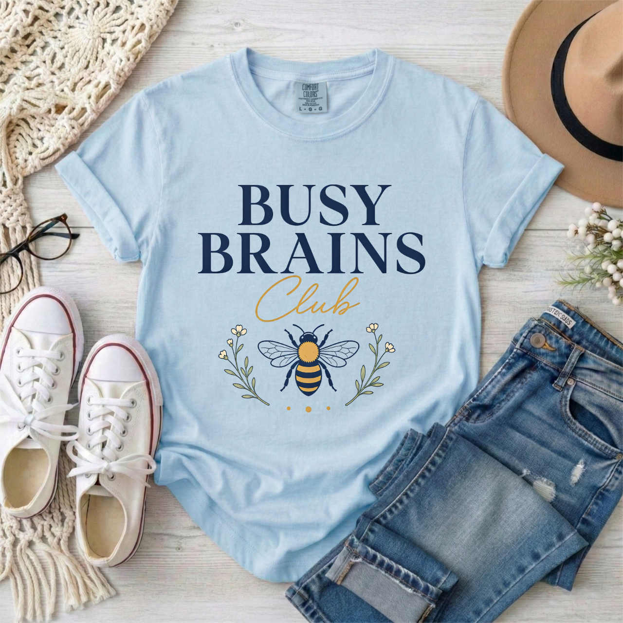 Busy Brains Club T-Shirt — AuDHD Busy Bee Graphic Cotton Tee