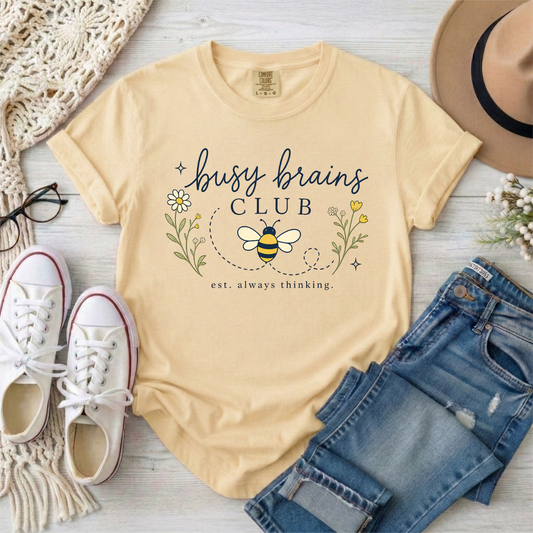 Busy Brains Club Bee T-Shirt — Floral 'Busy Brains Club' Autism and ADHD Graphic Tee