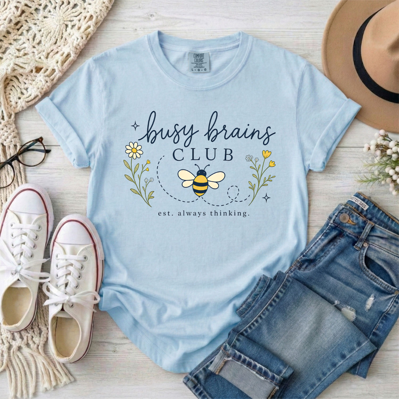 Busy Brains Club Bee T-Shirt — Floral 'Busy Brains Club' Autism and ADHD Graphic Tee