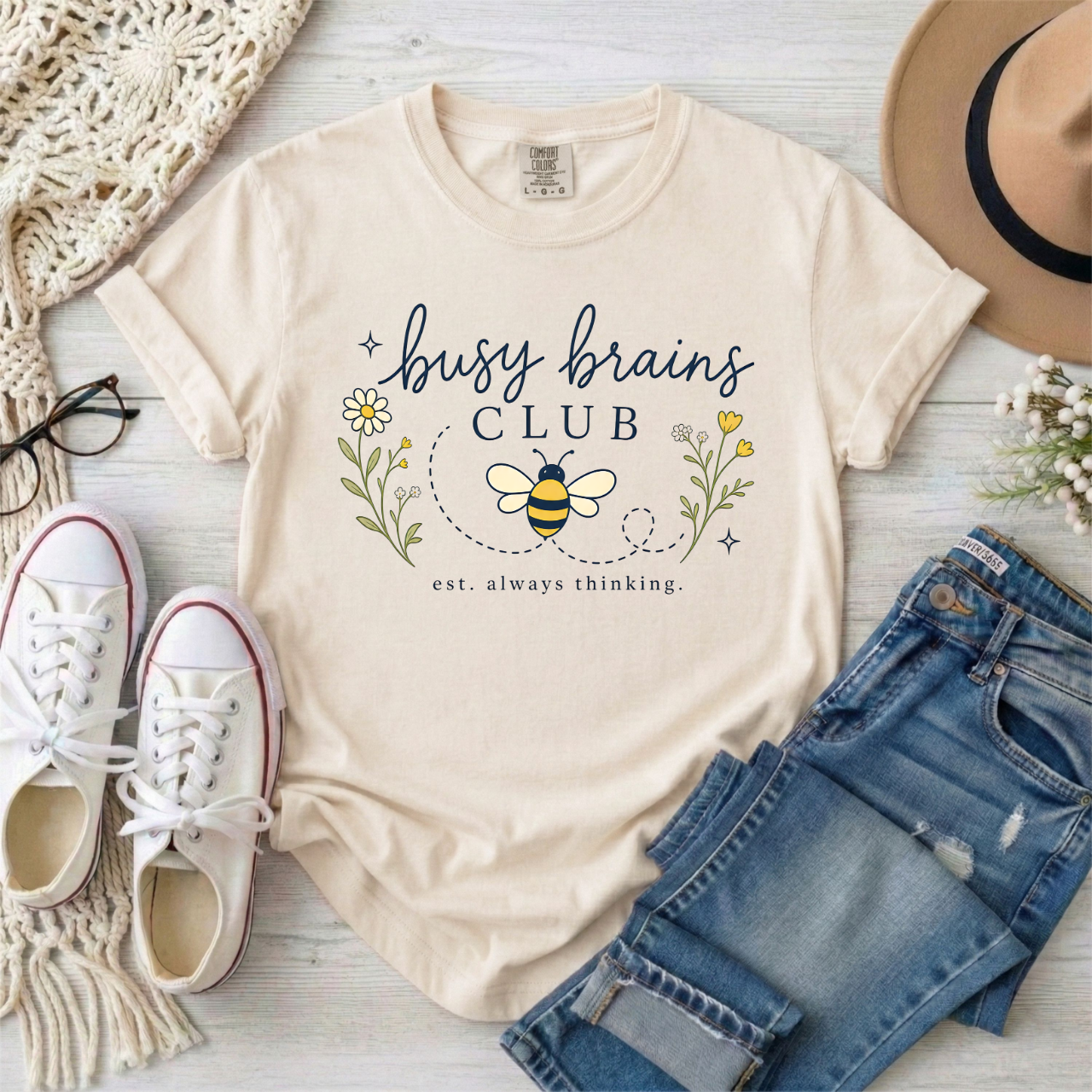 Busy Brains Club Bee T-Shirt — Floral 'Busy Brains Club' Autism and ADHD Graphic Tee