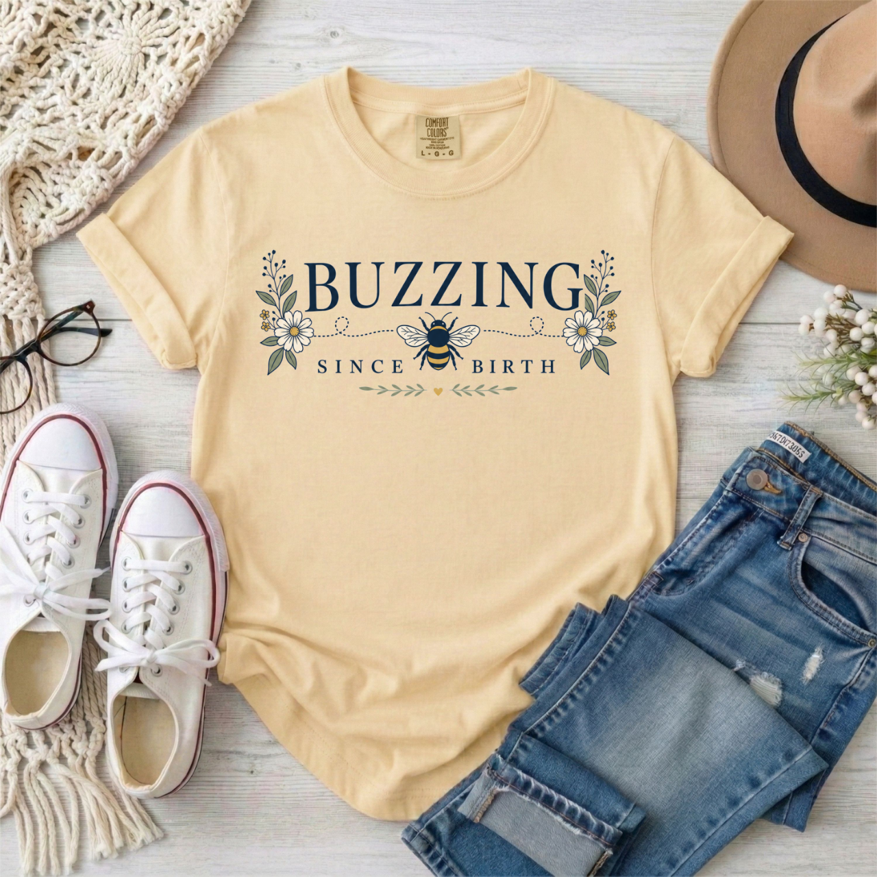Buzzing Since Birth T-Shirt — ADHD ASD Floral Busy Bee Graphic Tee