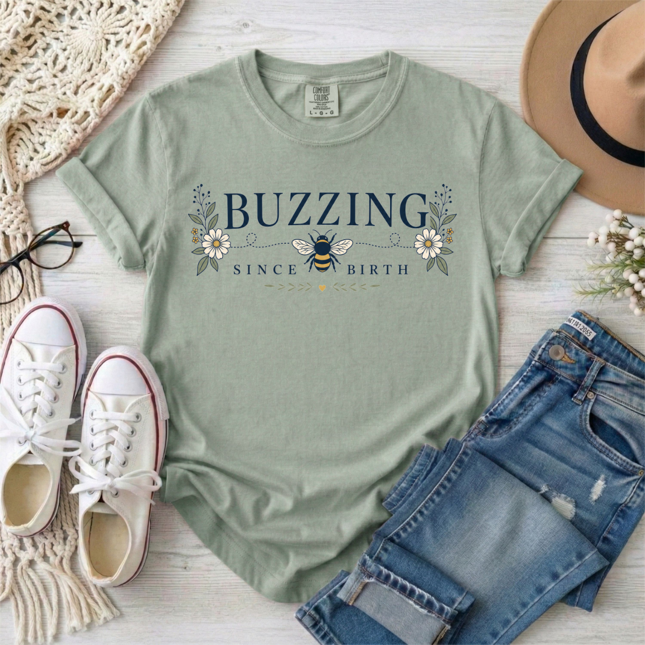 Buzzing Since Birth T-Shirt — ADHD ASD Floral Busy Bee Graphic Tee