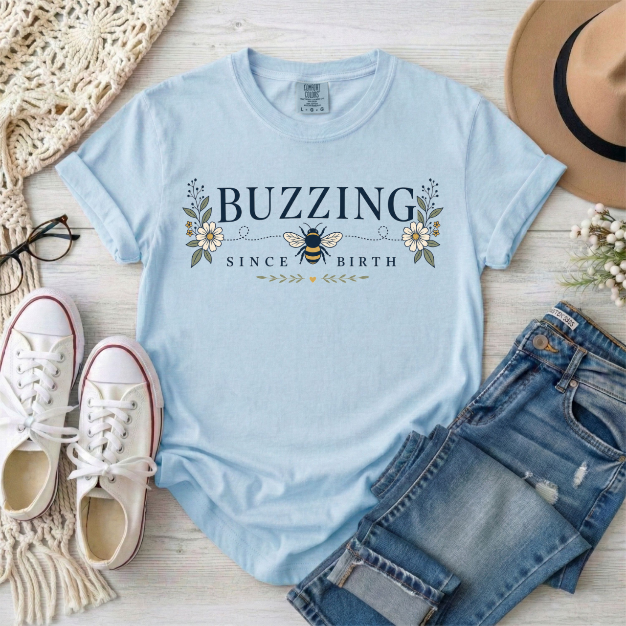 Buzzing Since Birth T-Shirt — ADHD ASD Floral Busy Bee Graphic Tee