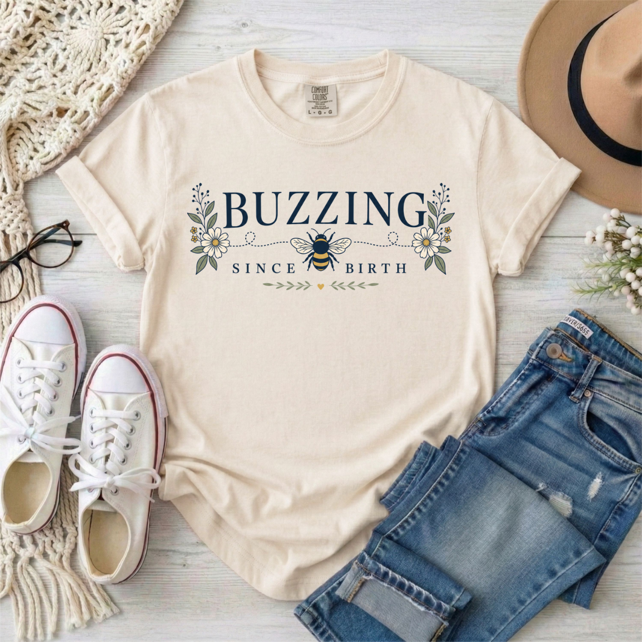 Buzzing Since Birth T-Shirt — ADHD ASD Floral Busy Bee Graphic Tee