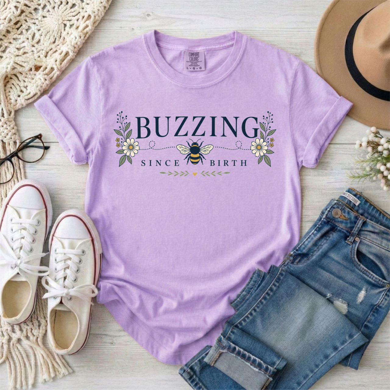 Buzzing Since Birth T-Shirt — ADHD ASD Floral Busy Bee Graphic Tee