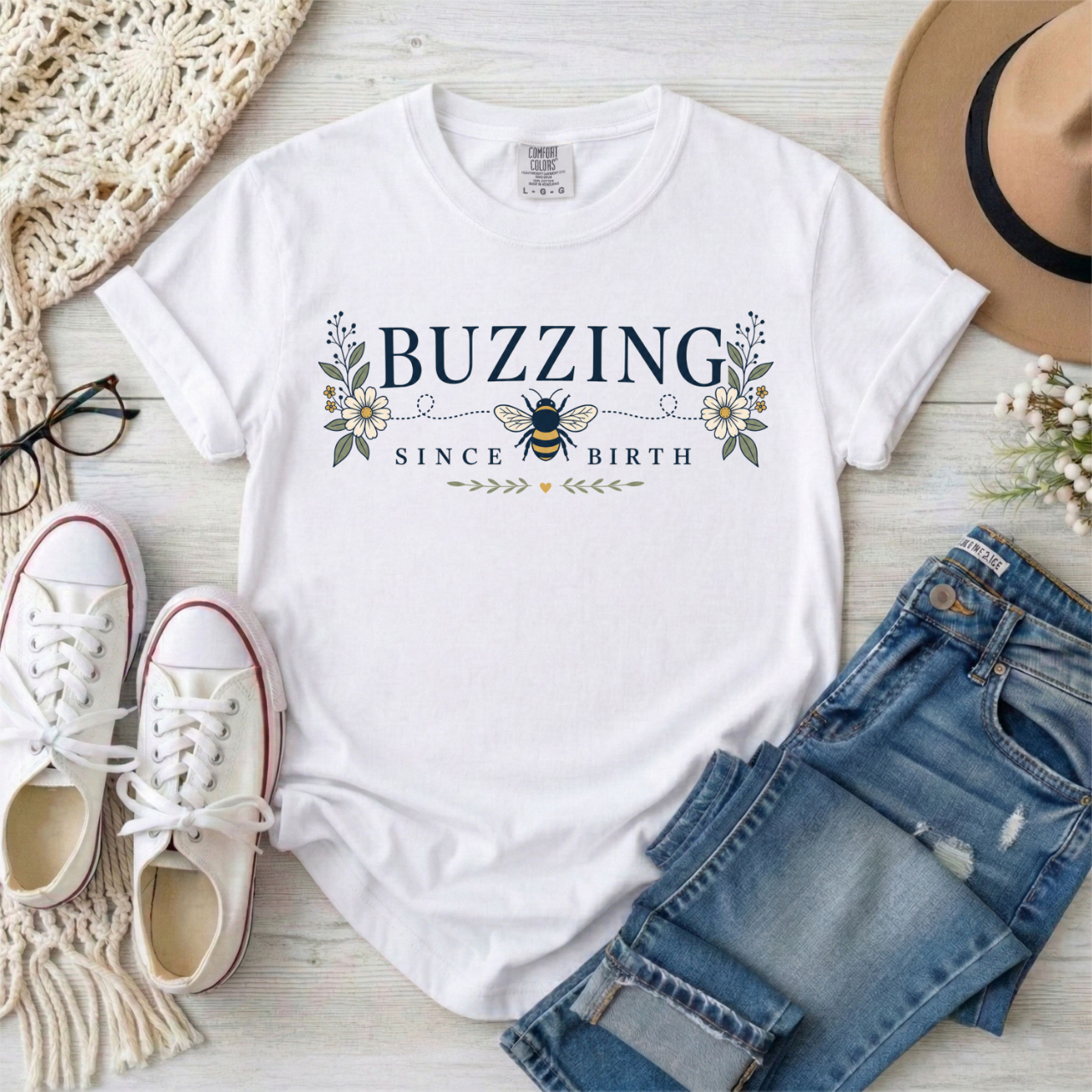 Buzzing Since Birth T-Shirt — ADHD ASD Floral Busy Bee Graphic Tee