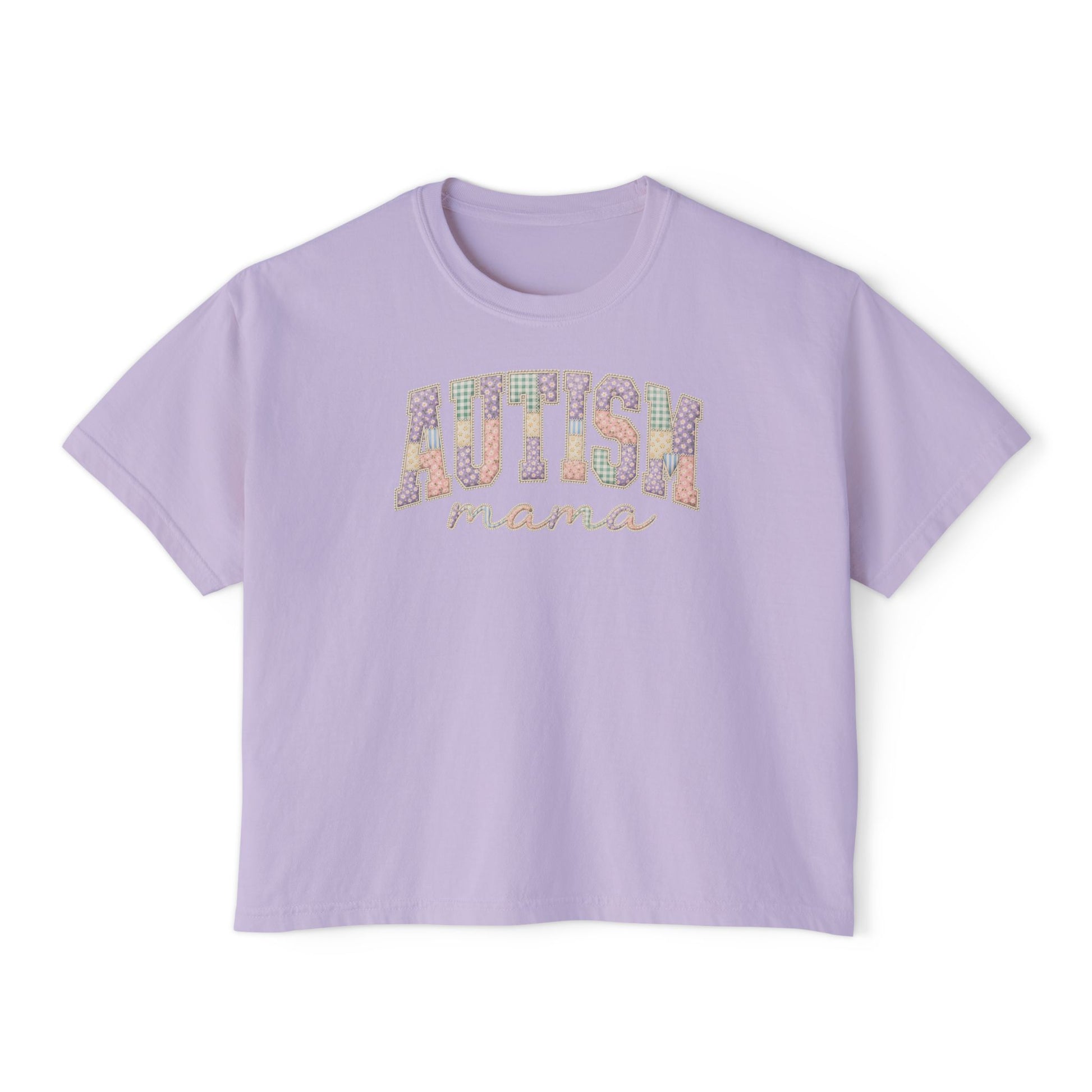 Autism Mama Boxy Tee — Pastel Patchwork Lettering T‑Shirt image