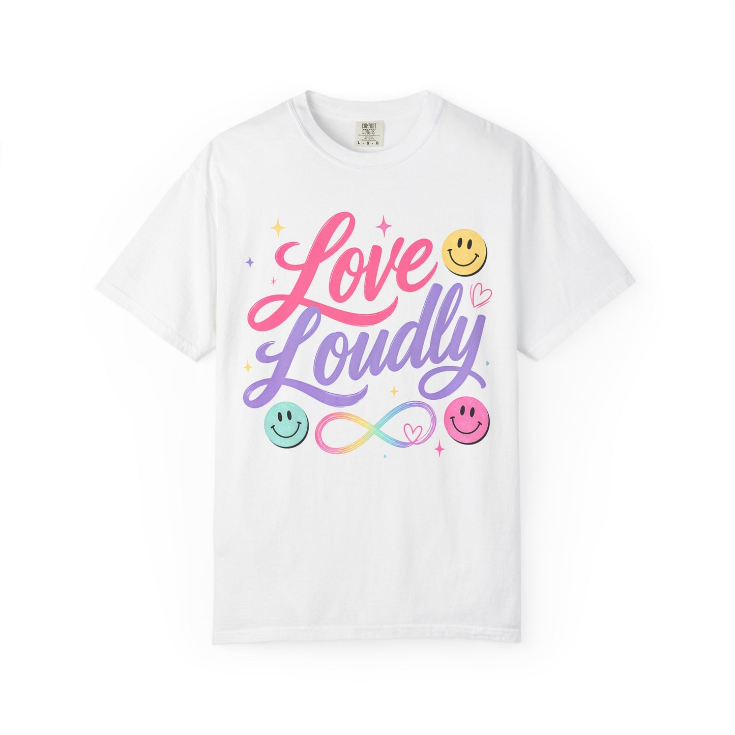 Love Loudly Graphic T‑Shirt — Rainbow Smiley Retro Script Tee image