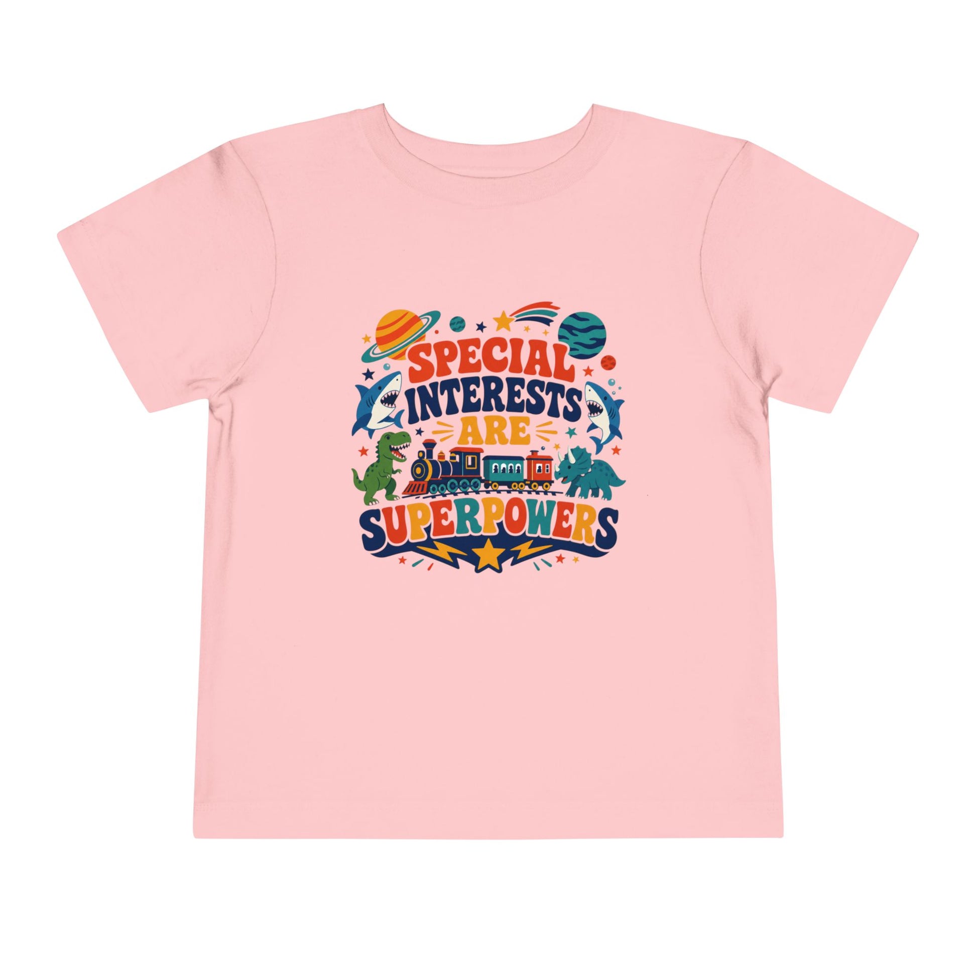 Toddler Tee — “Special Interests Are Superpowers” Colorful Space &amp; Dino Graphic - Pink, 2T image