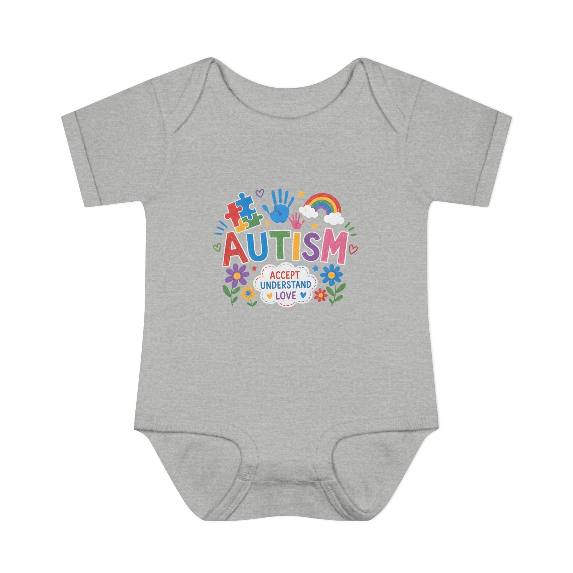 Autism Awareness Infant Bodysuit — 'Accept Understand Love' Colorful Design - 6M, Heather image