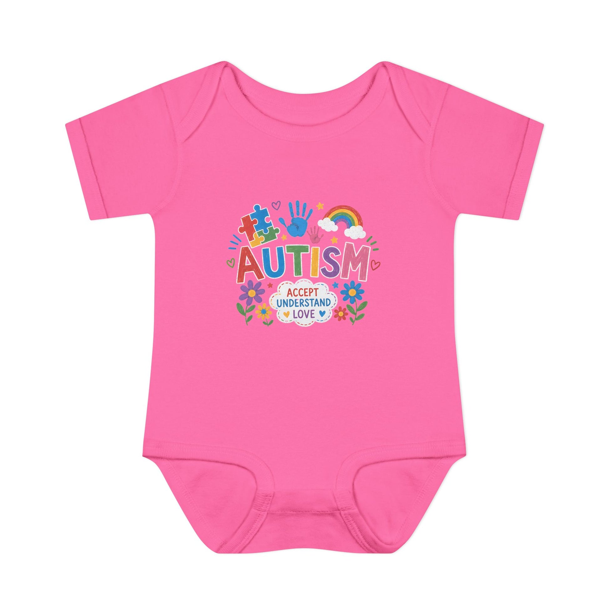 Autism Awareness Infant Bodysuit — 'Accept Understand Love' Colorful Design - 24M, Raspberry image