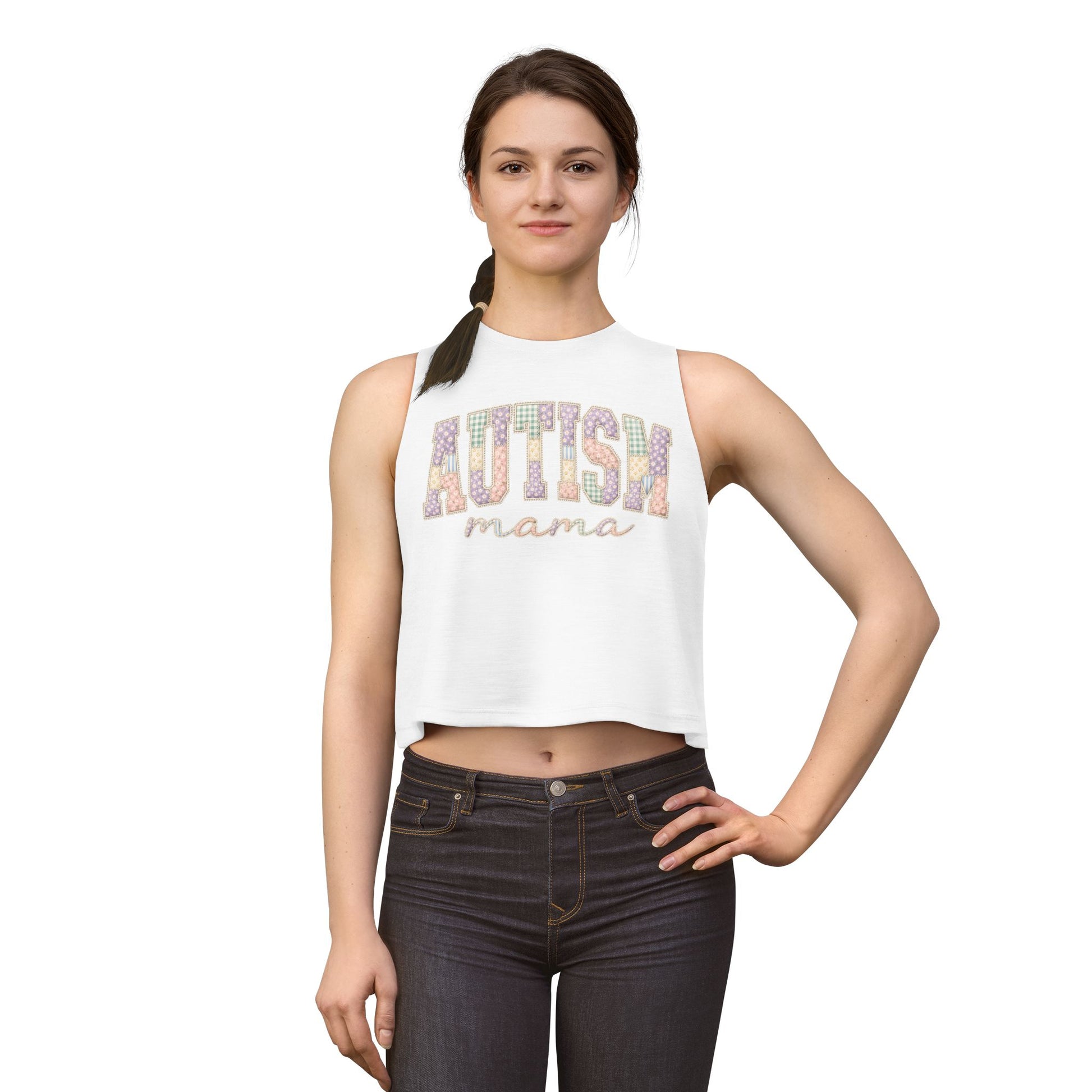 Autism Mama Crop Top - Pastel Patchwork Lettering Support Tank image 1