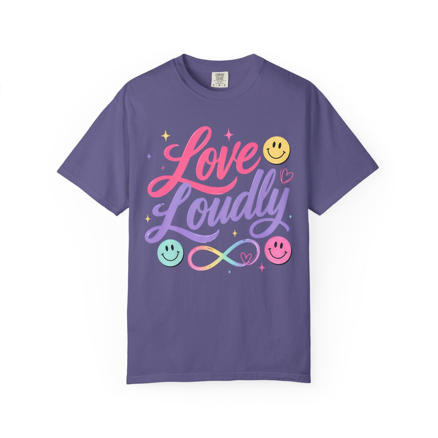 Love Loudly Graphic T‑Shirt — Rainbow Smiley Retro Script Tee image