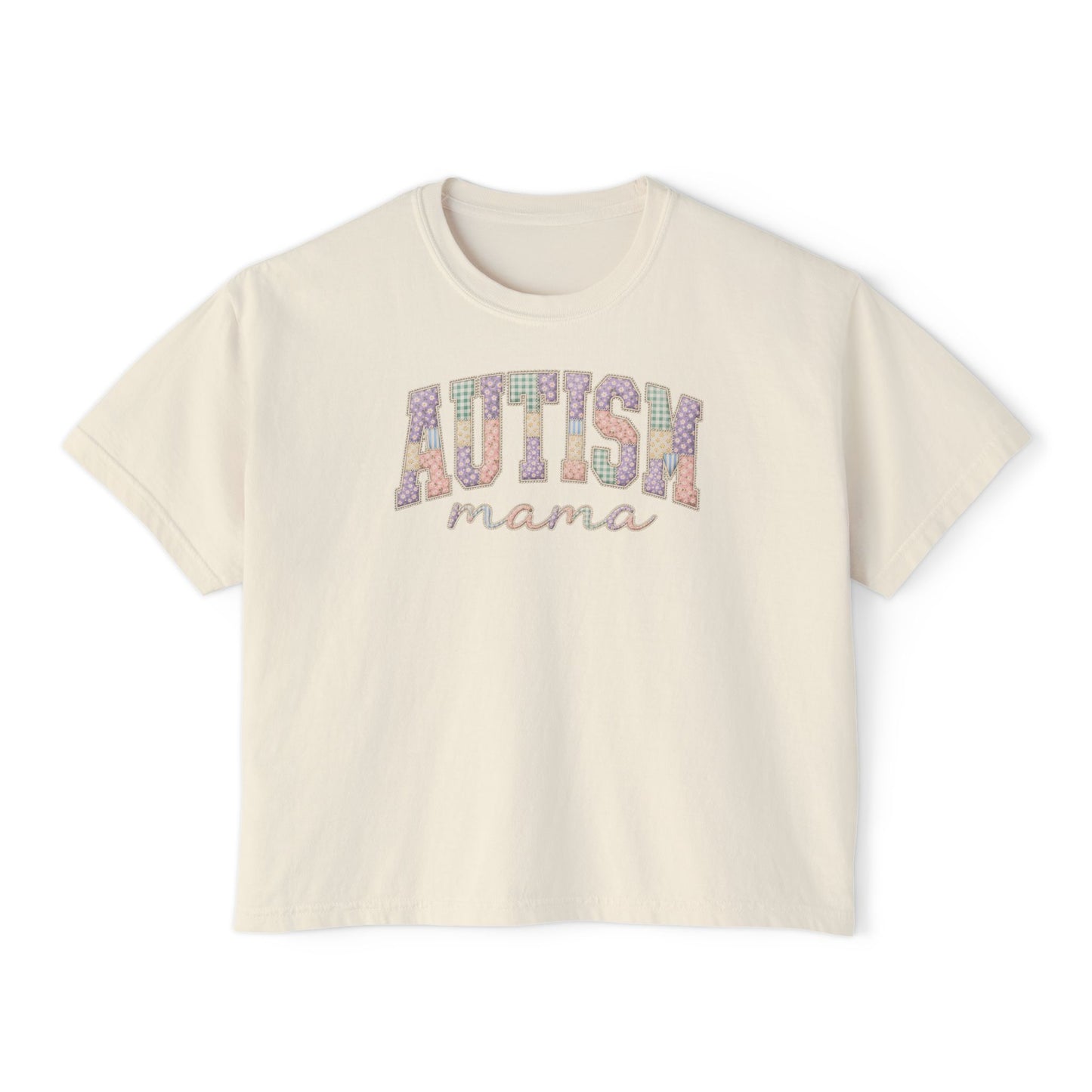 Autism Mama Boxy Tee — Pastel Patchwork Lettering T‑Shirt image